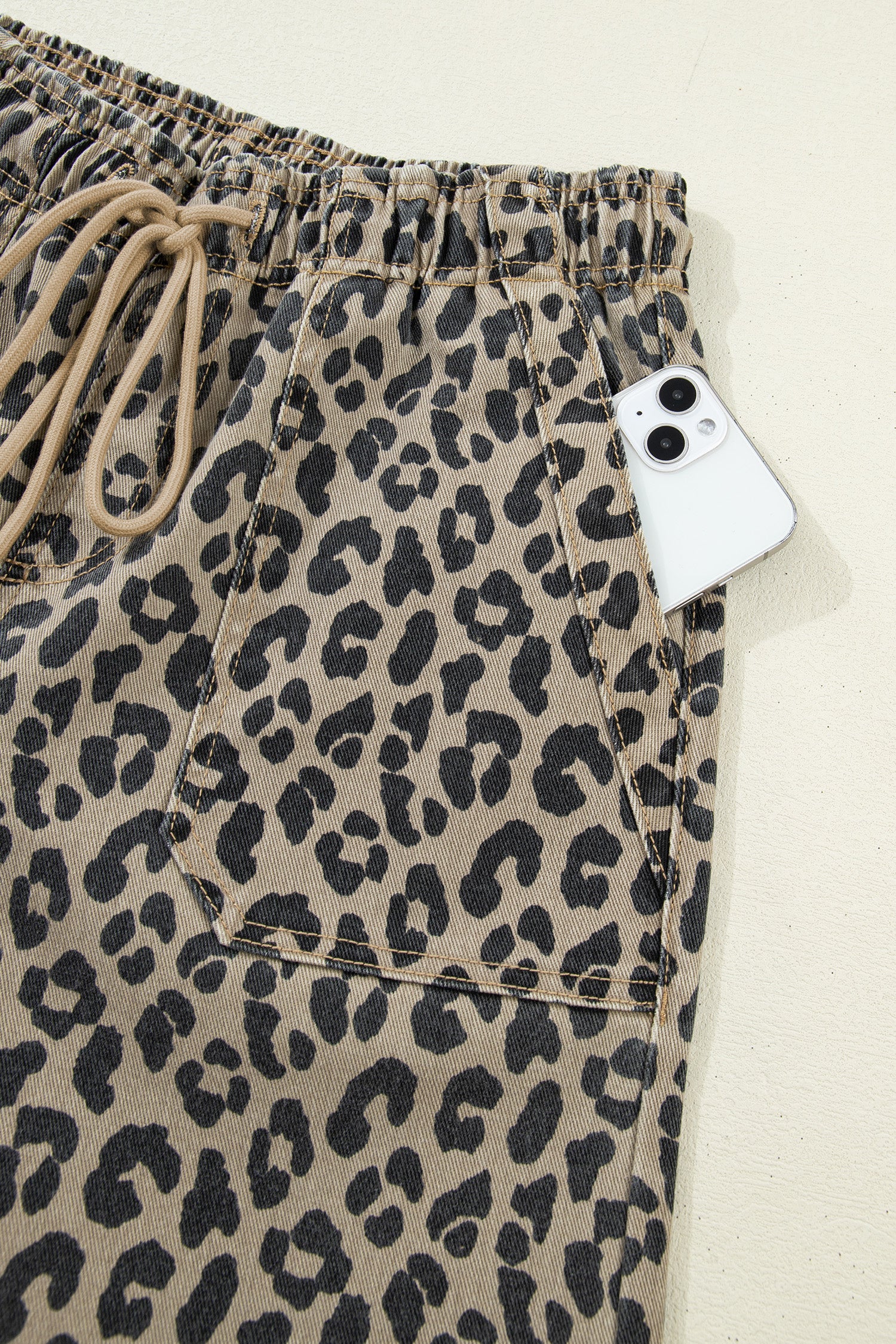 Khaki Leopard Print Drawstring Elastic Waist Loose Denim Pants with Pockets