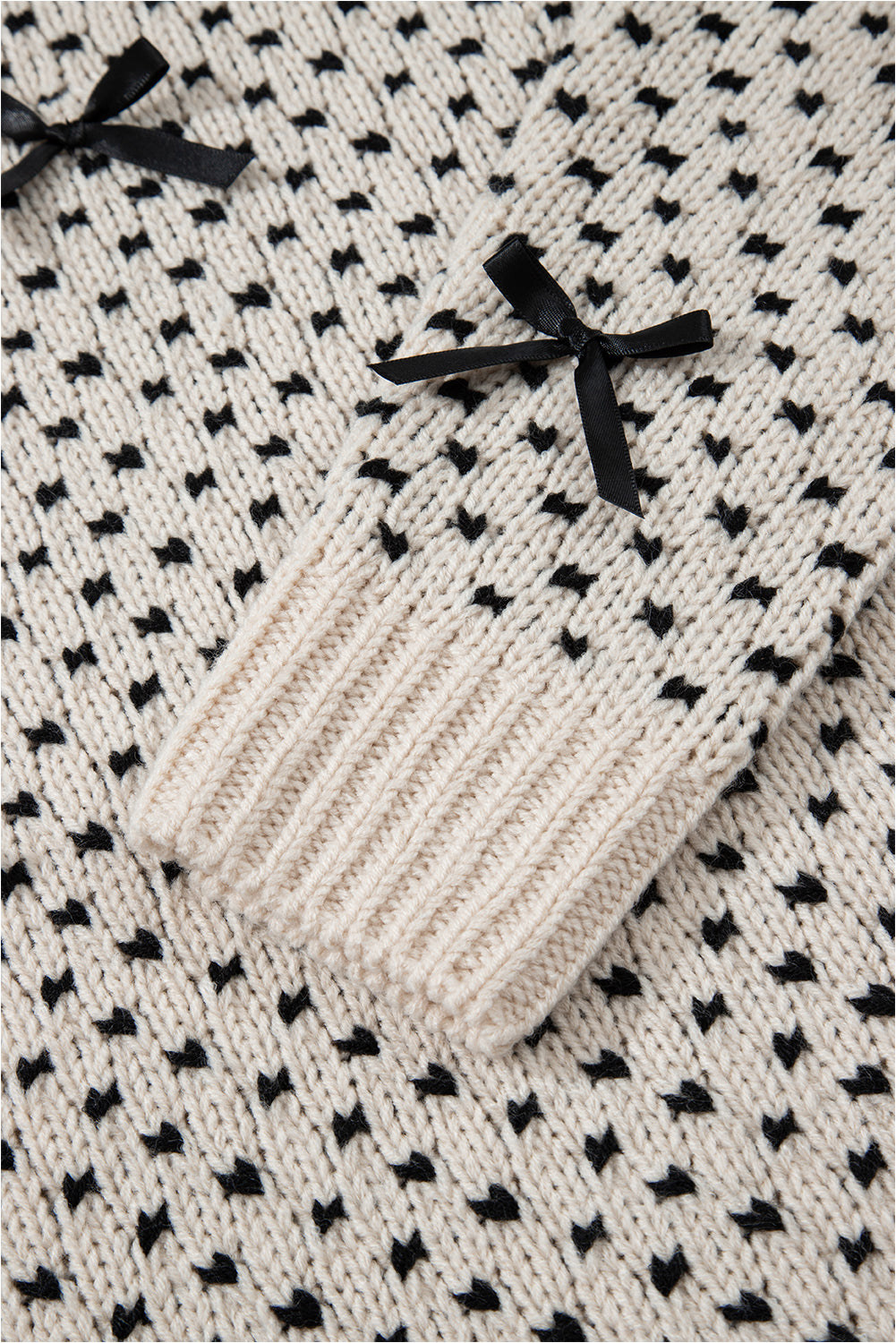 Beige Bow Decor Color Contrast Ribbed Edge Crew Neck Sweater