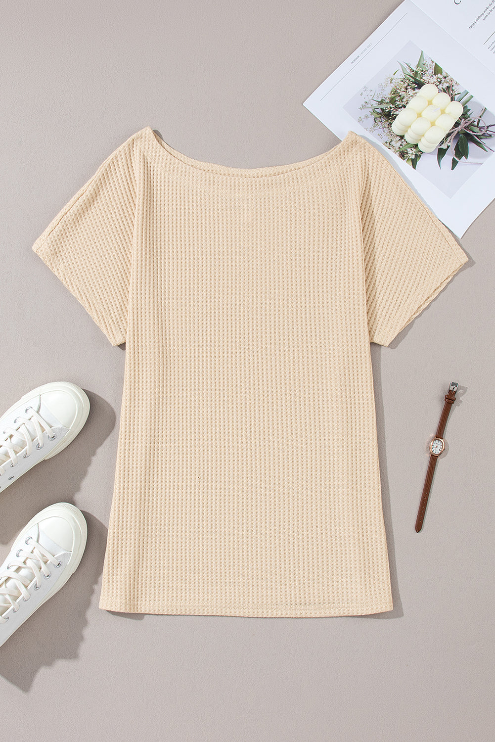 White Waffle Knit Boat Neck Short Sleeve Top