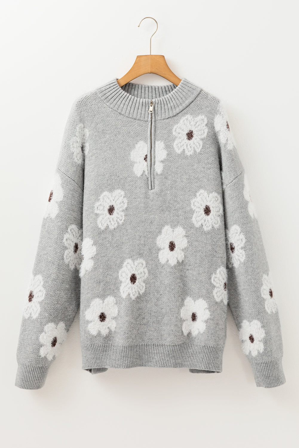 Khaki Floral Pattern Half Zip Drop Shoulder Sweater