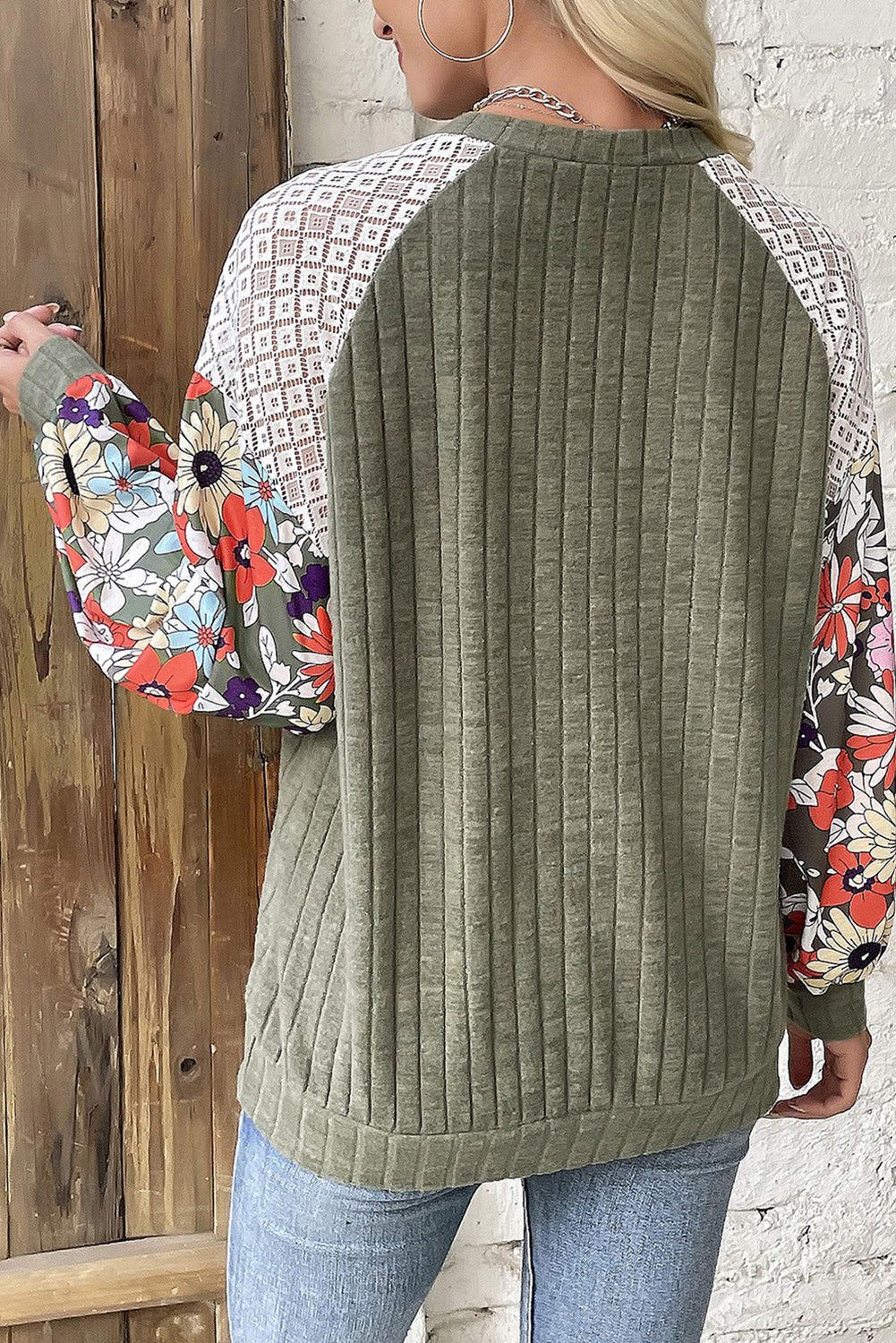 Vineyard Green Plus Size Textured Floral Patchwork Raglan Sleeve Blouse