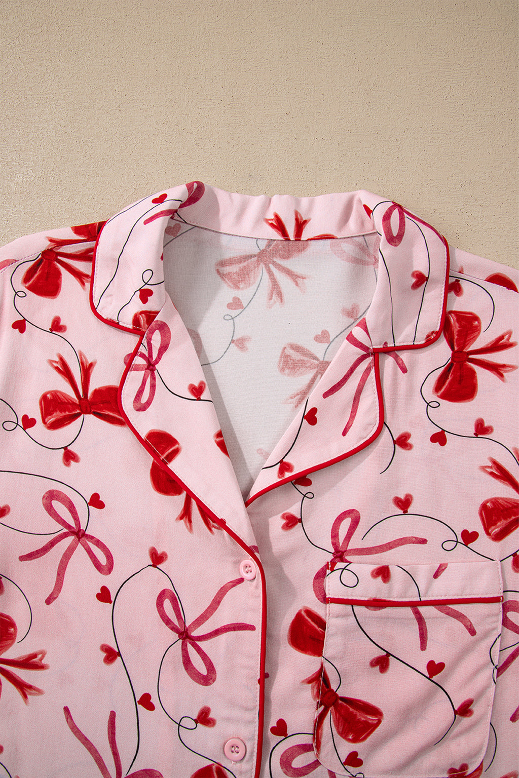 Red Bow Print Valentine Long Sleeve Shirt Shorts 2 Pcs Pajama Set