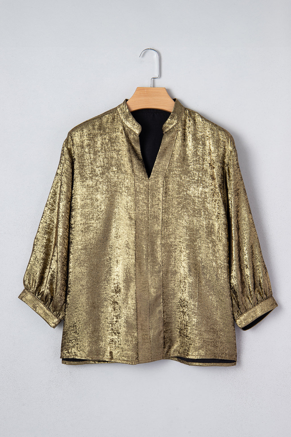 Apricot Metallic Round Neck Smocked Long Sleeve Blouse