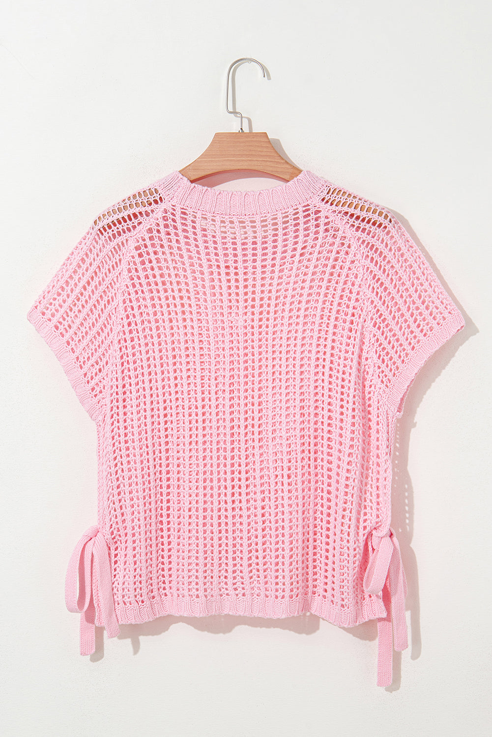 Yellow Cream Hollow-out Crochet Side Tied Short Sleeve Sweater