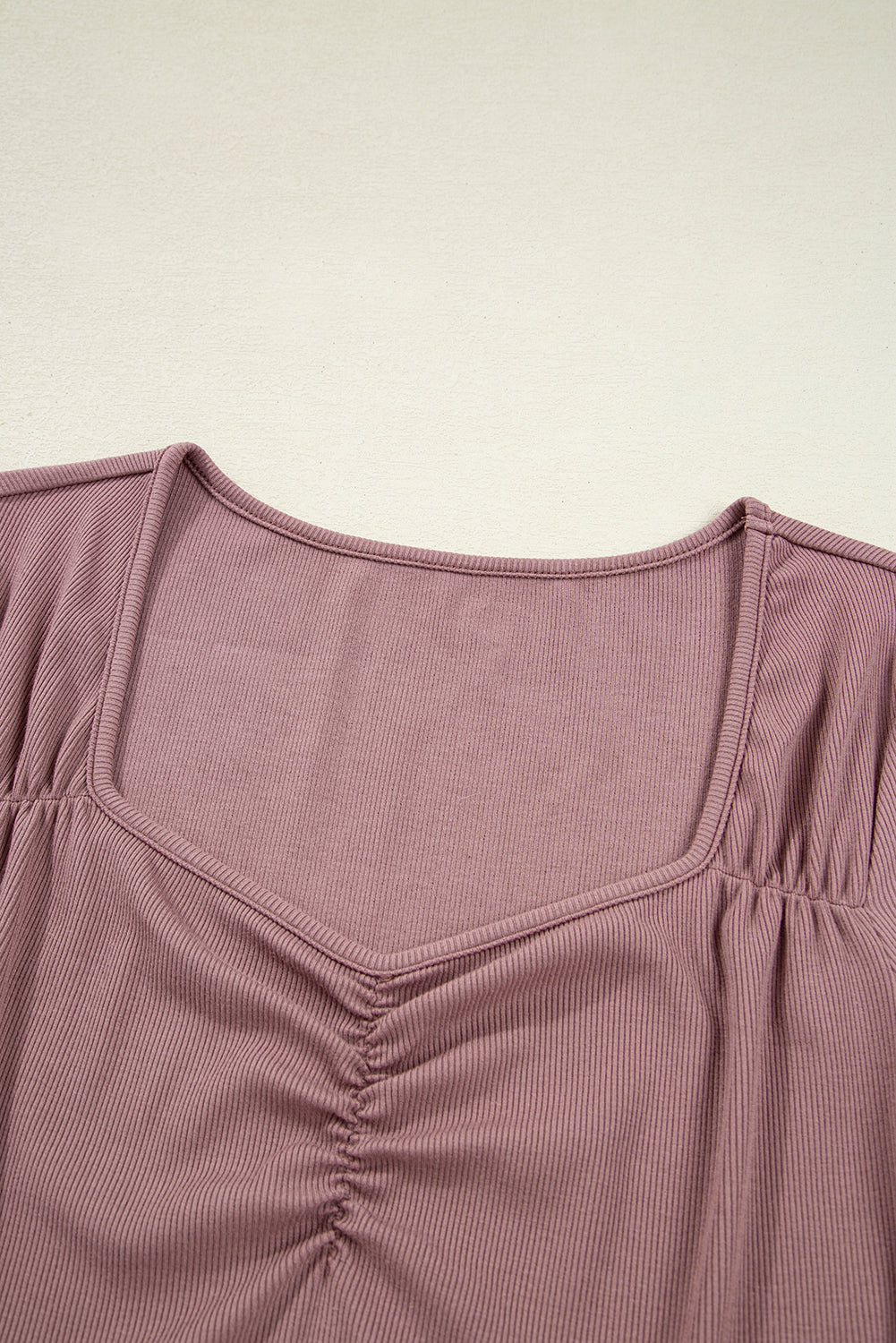 Burgundy Gathered Bust Square Neck Ribbed Fit Long Sleeve Top