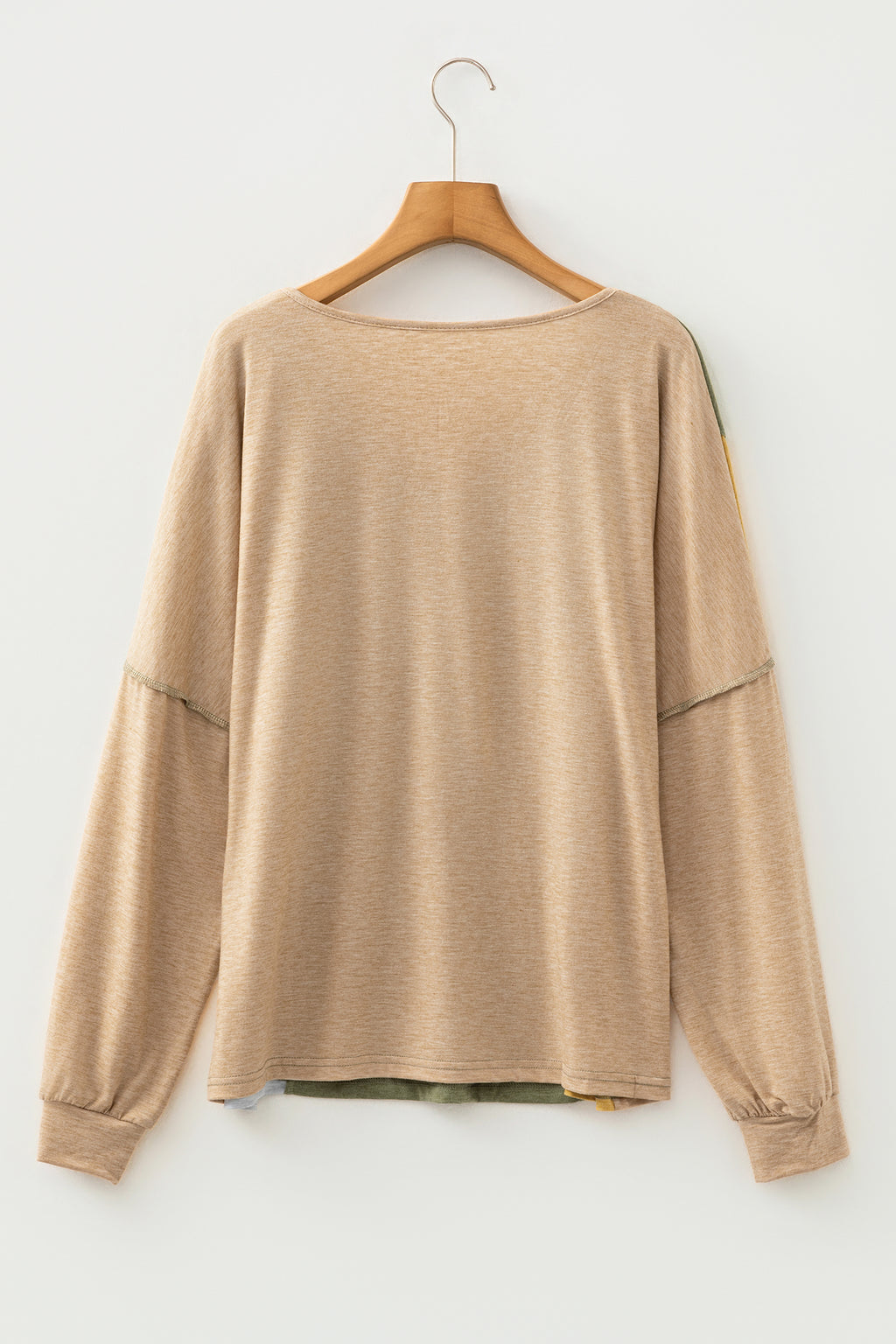 Sail Blue Exposed Stitching Colorblock V Neck Long Sleeve Top