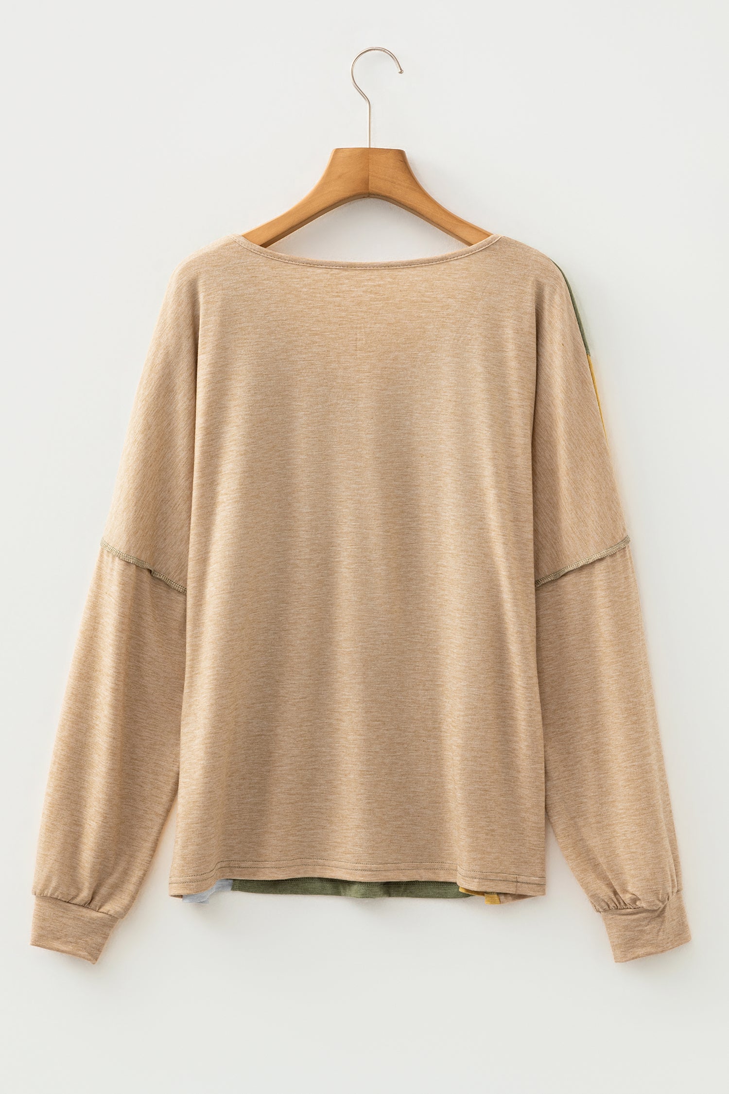 Sail Blue Exposed Stitching Colorblock V Neck Long Sleeve Top