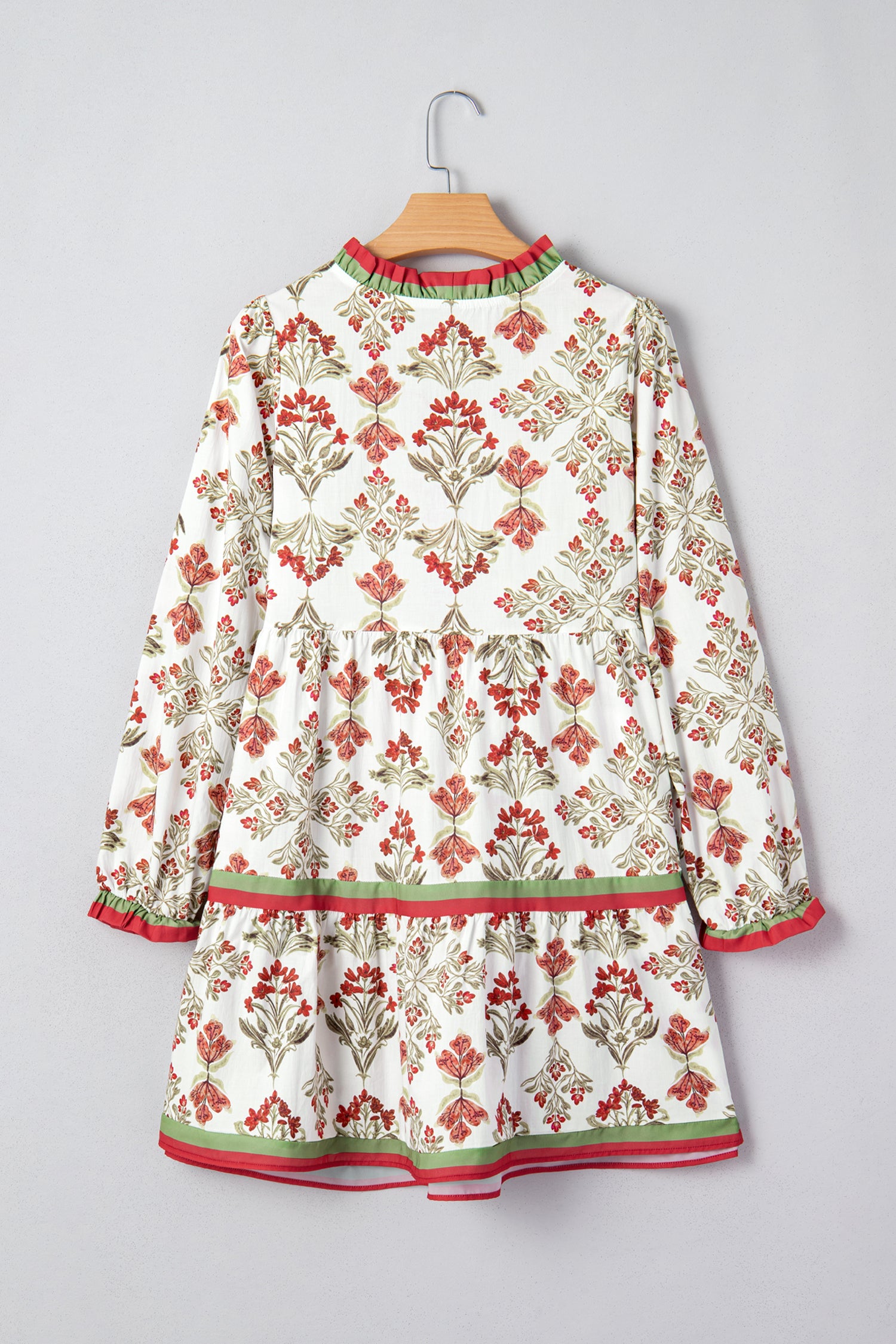 Pink Floral Print Contrast Trim Frilled Neck Long Sleeve Flared Dress