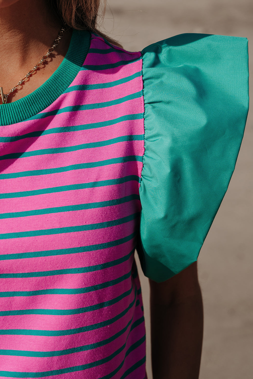 Pink Stripe Collared V Neck Puff Sleeve T Shirt Dress
