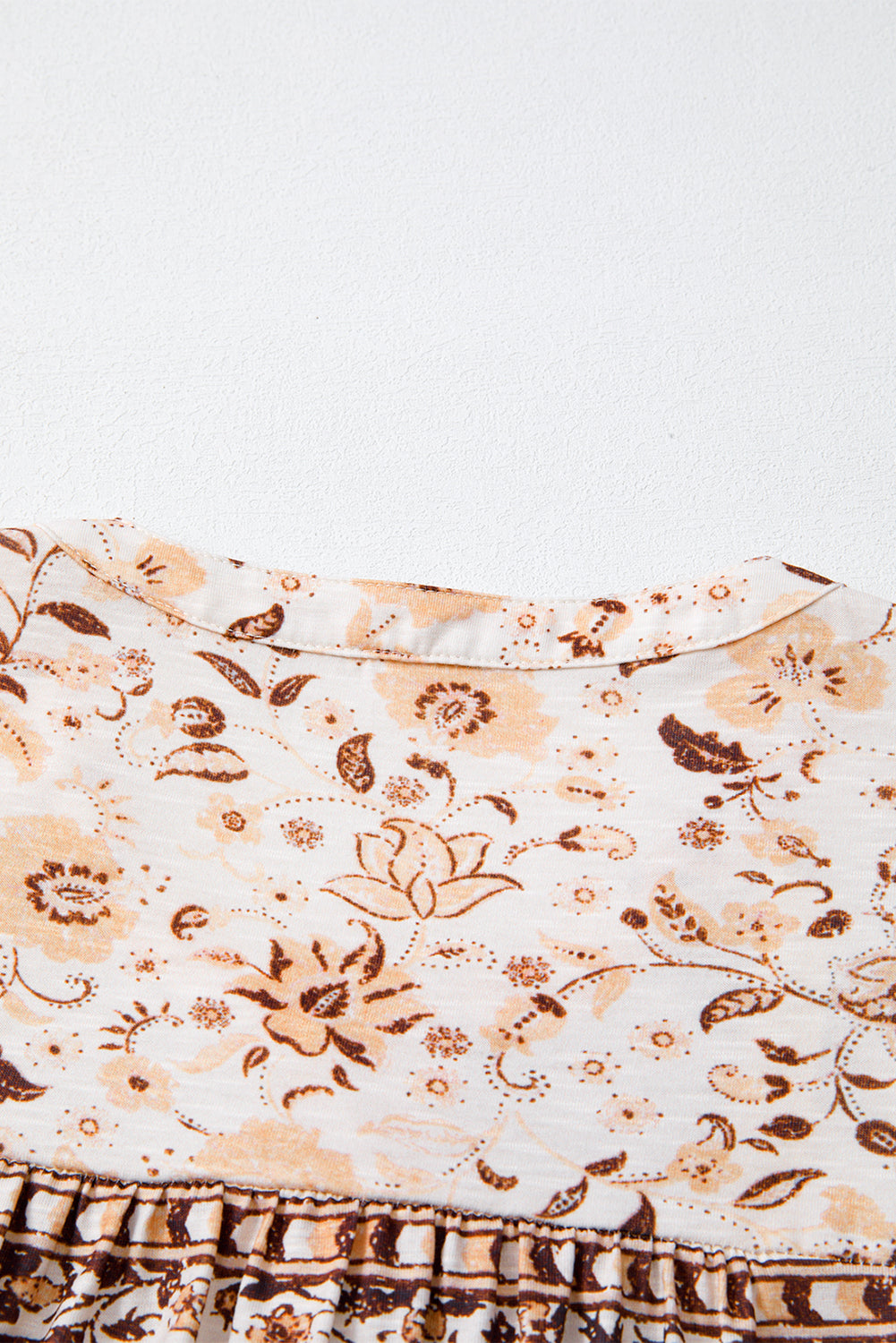 Khaki Boho Floral Print Half Placket Short Sleeve Loose Blouse