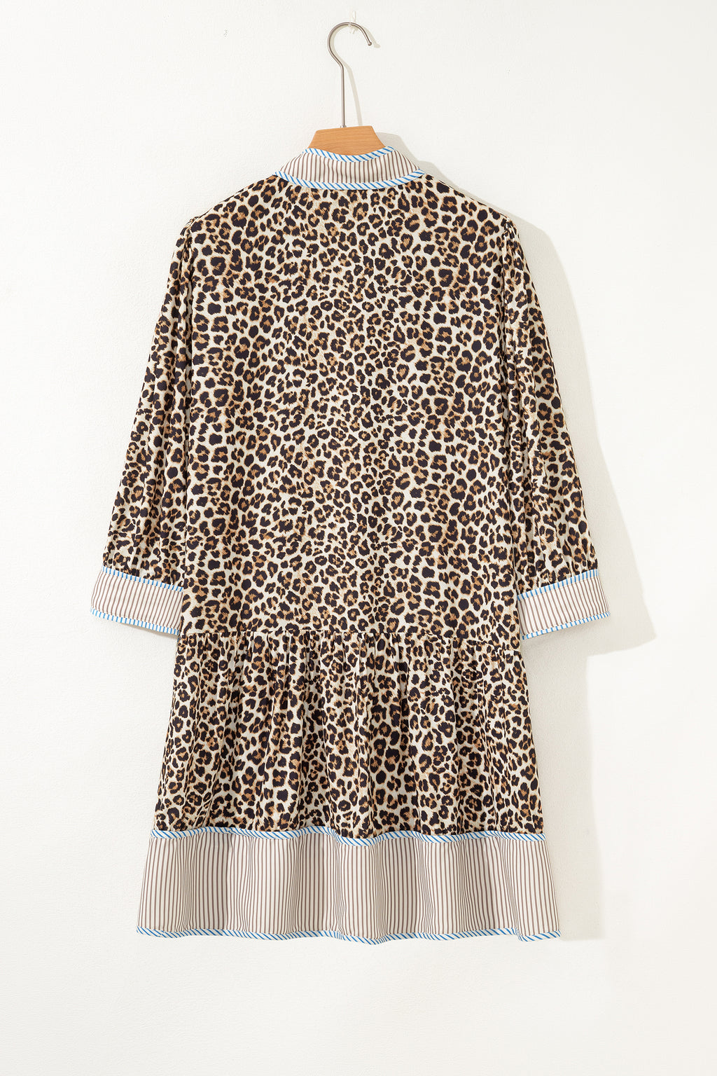 Brown Leopard Print Striped Patchwork 3/4 Sleeve Loose Mini Dress