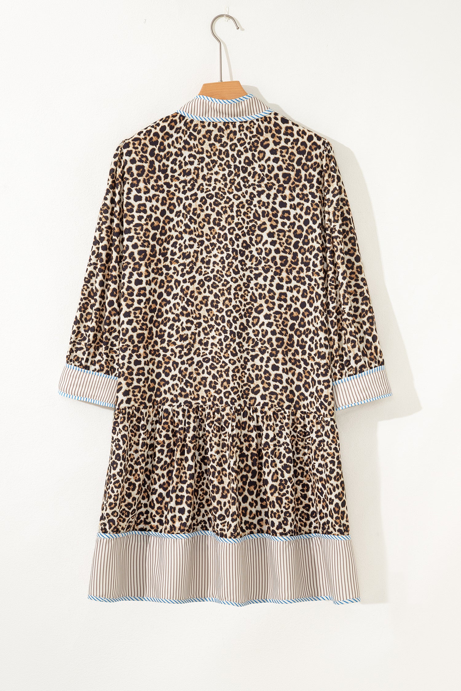 Brown Leopard Print Striped Patchwork 3/4 Sleeve Loose Mini Dress
