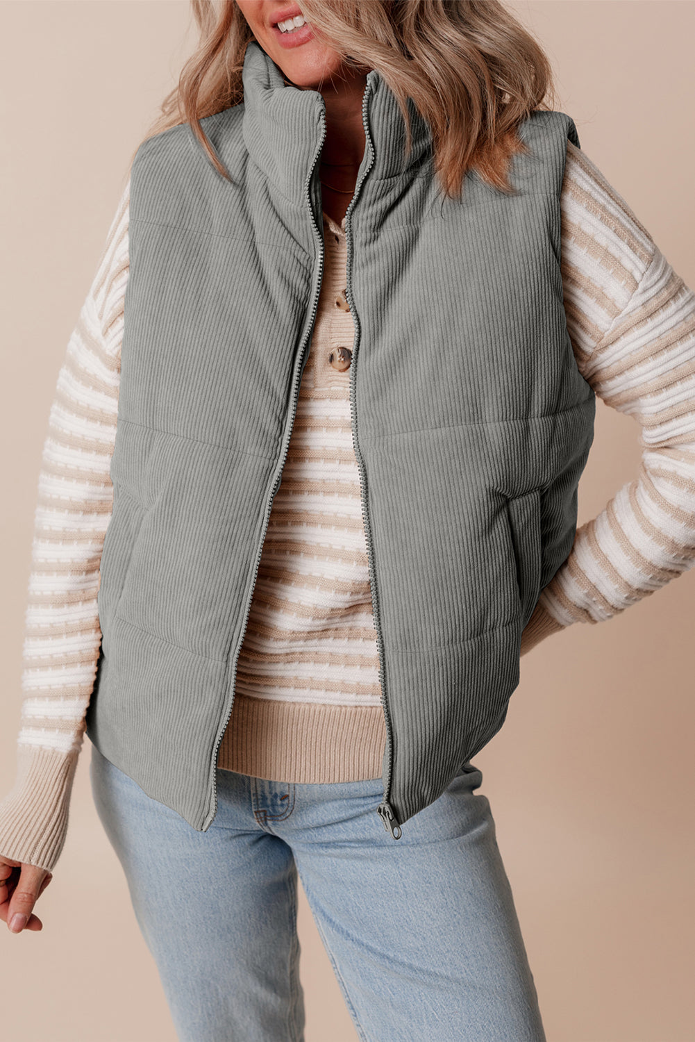 Beige Corduroy Stand Neck Zipped Puffer Vest