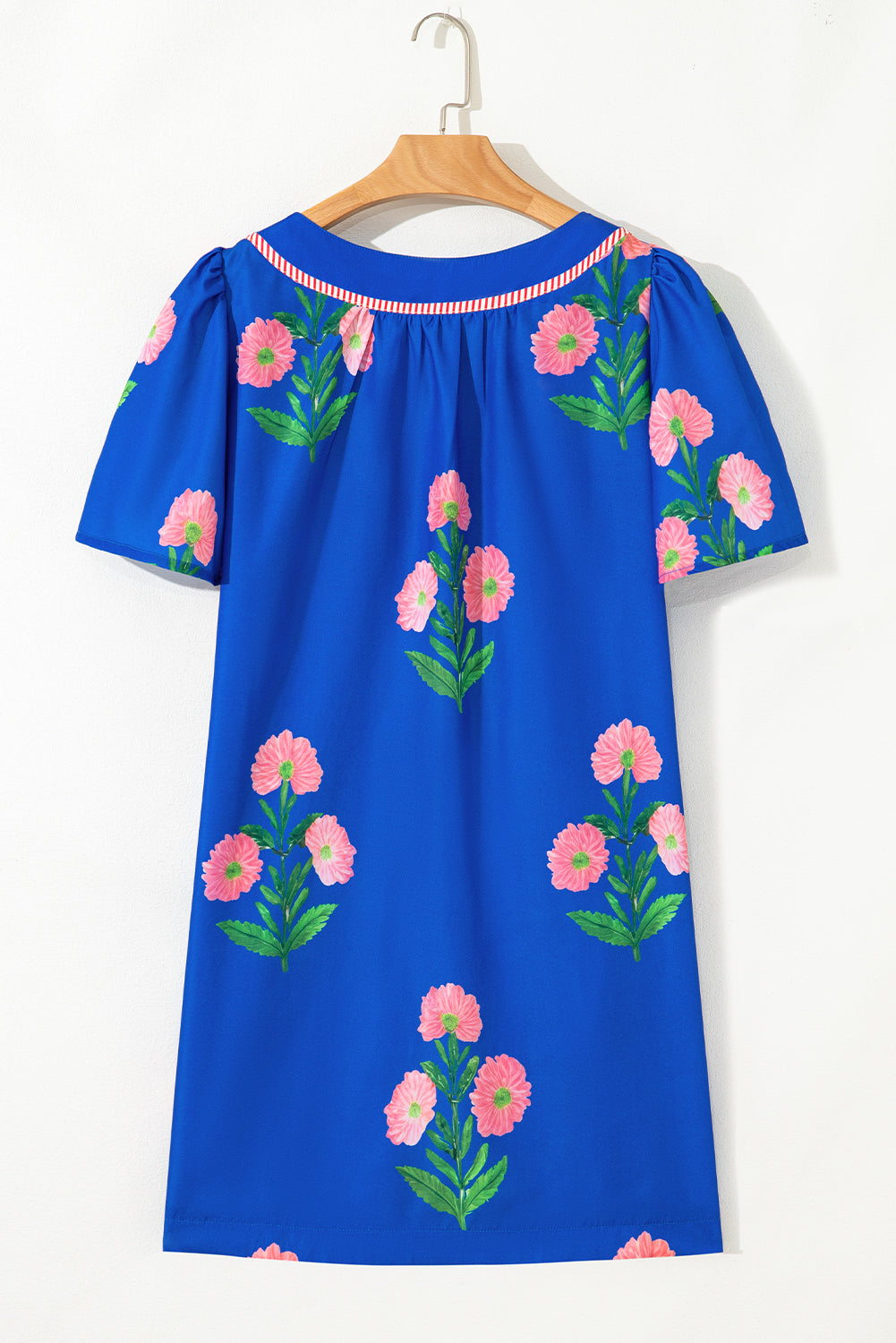 Apricot Floral Short Sleeve Split Neck Loose Mini Dress