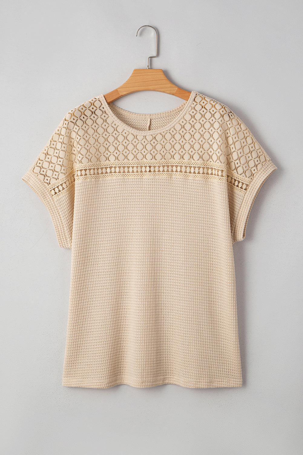 Mist Green Lace Patchwork Waffle Short Sleeve Top