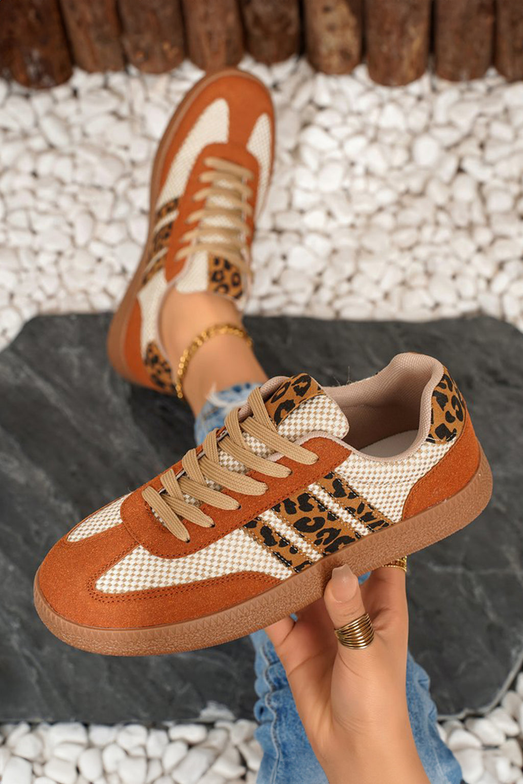 Buckskin Checkered Leopard Color Block Patchwork Lace Up Sneakers
