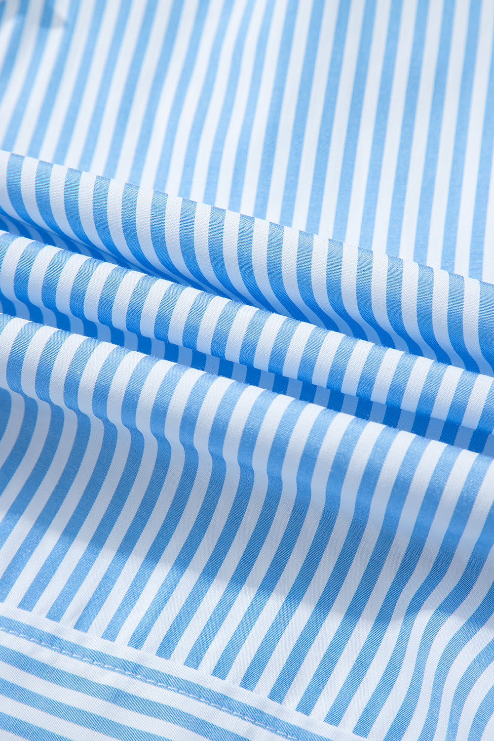 Sky Blue Stripe Contrast Collar Patchwork Hidden Button Short Sleeve Summer Shirt