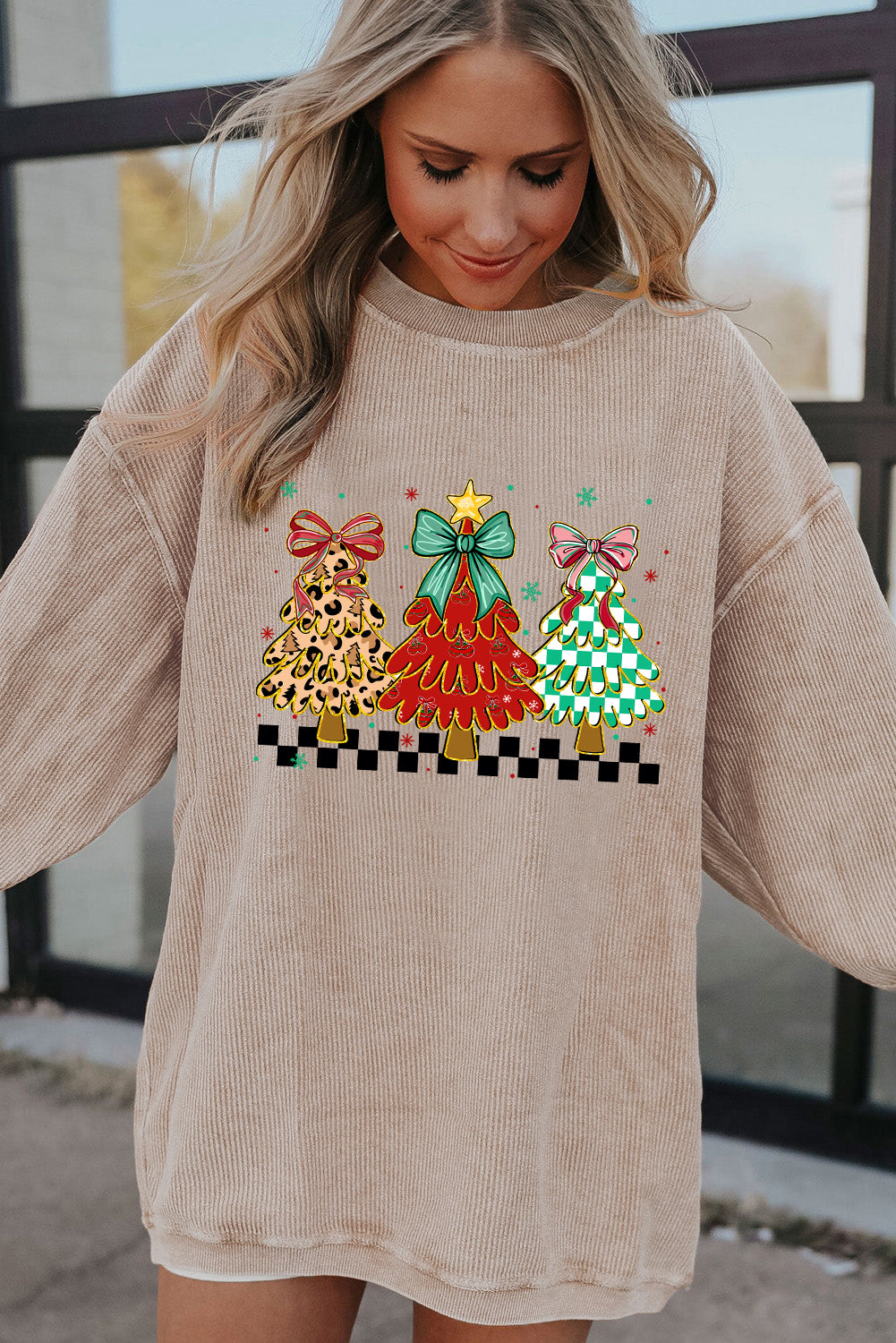 Apricot Christmas Tree Holiday Corded Tunic Sweatshirt
