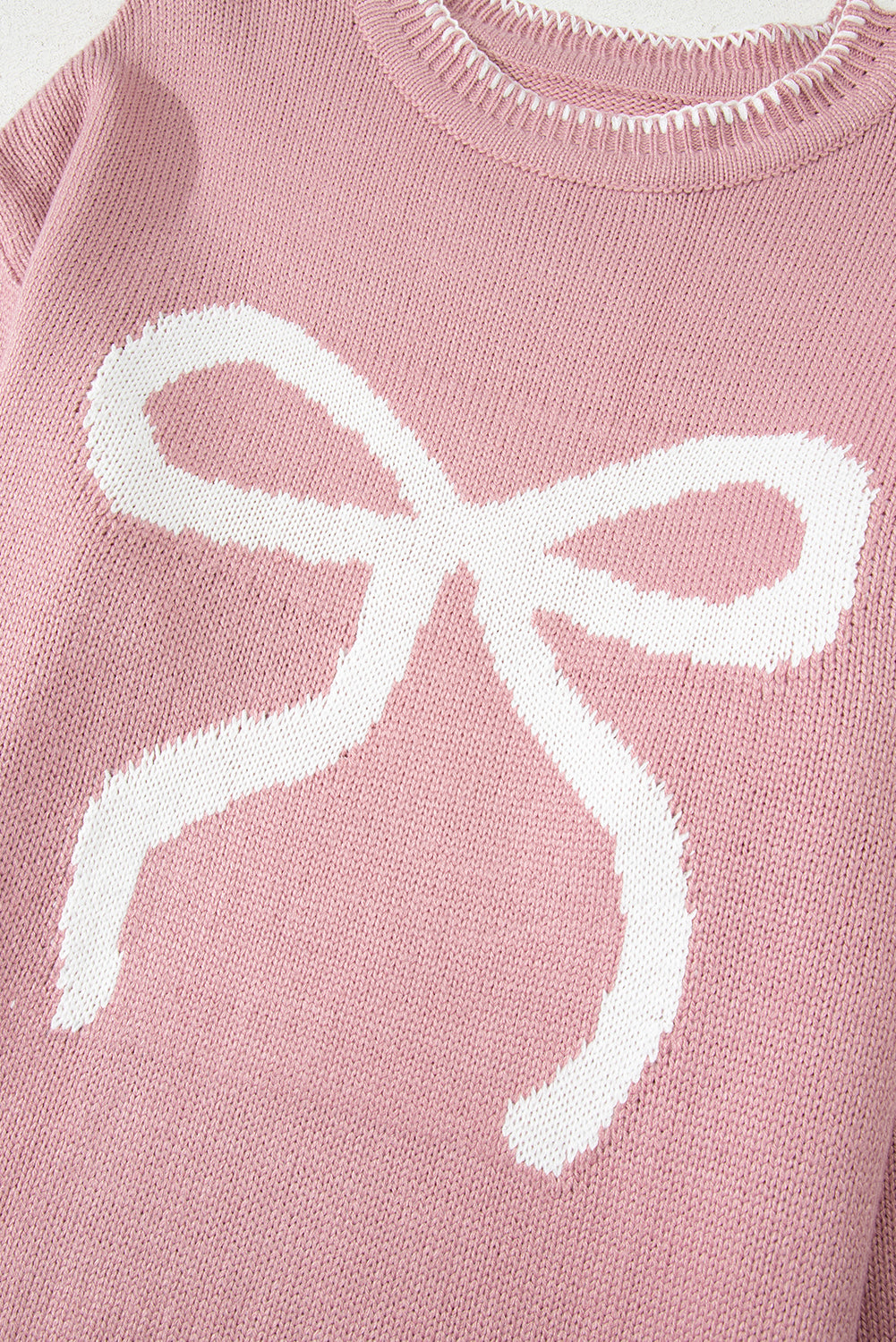 White Bow Pattern Contrast Trim Christmas Loose Graphic Sweater