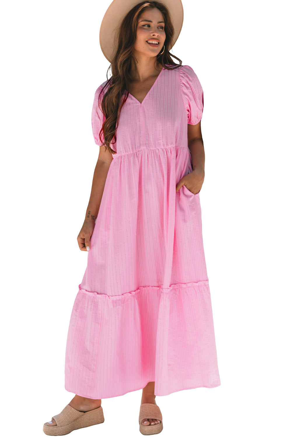 Pink Stripe V Neck Puff Short Sleeve Maxi Dress