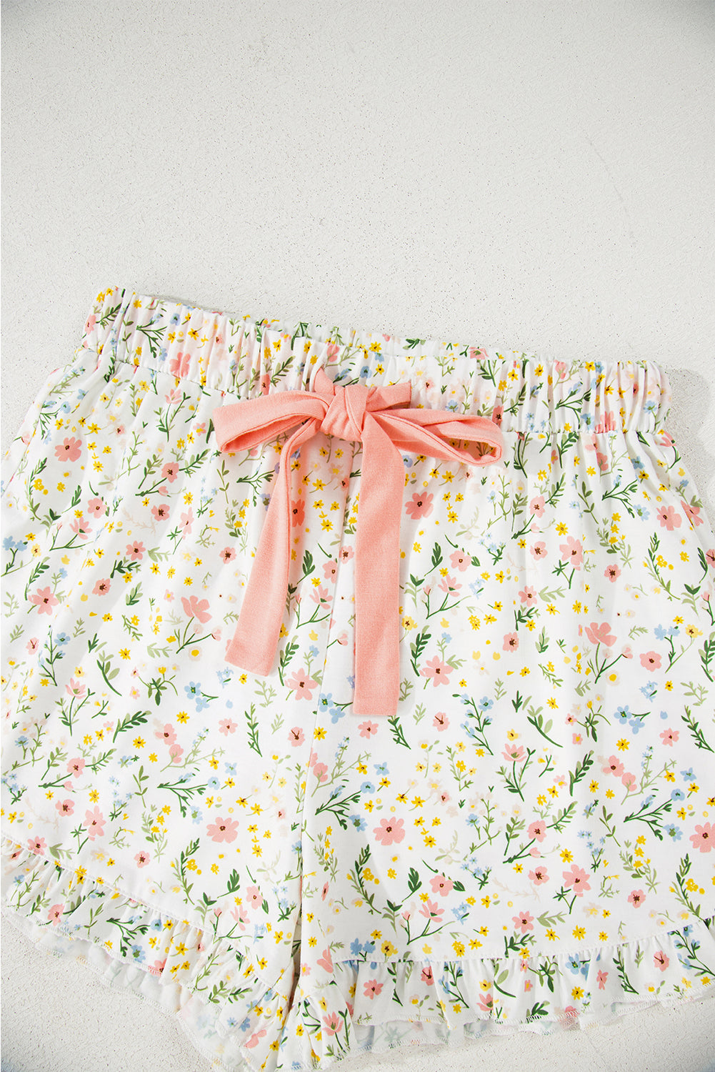 Beige Bow Fruit Print Contrast Pipping Short Pajamas Set