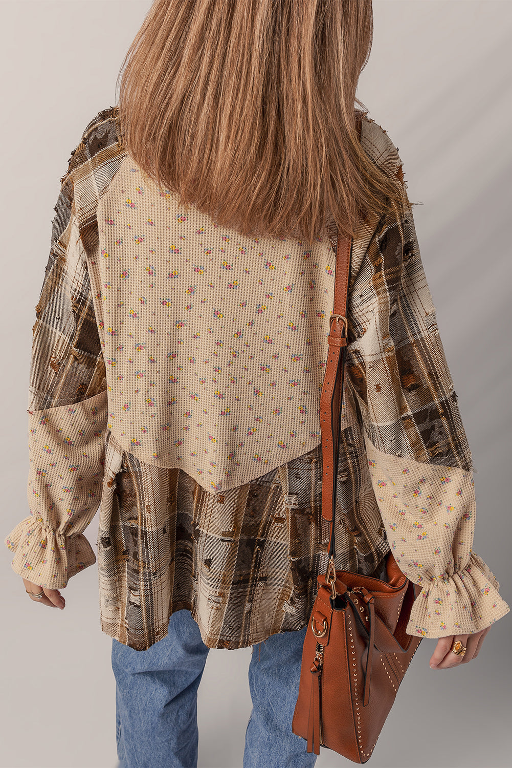 Mist Green Boho Floral Plaid Patchwork Distressed Detail Ruffled Sleeve Waffle Knit Shacket