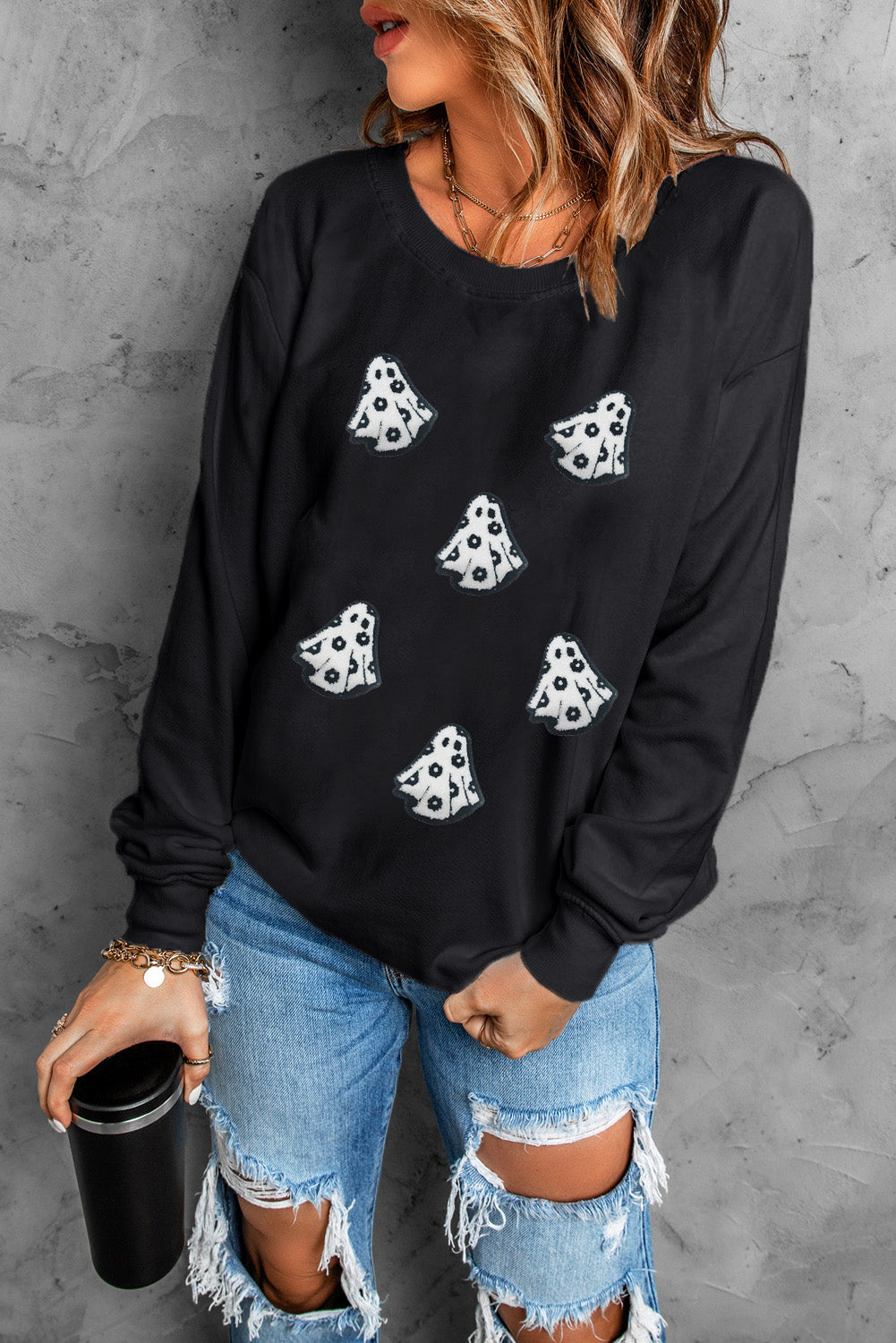 Wisteria Glitter Trim Chenille Ghost Patched Halloween Graphic Tee