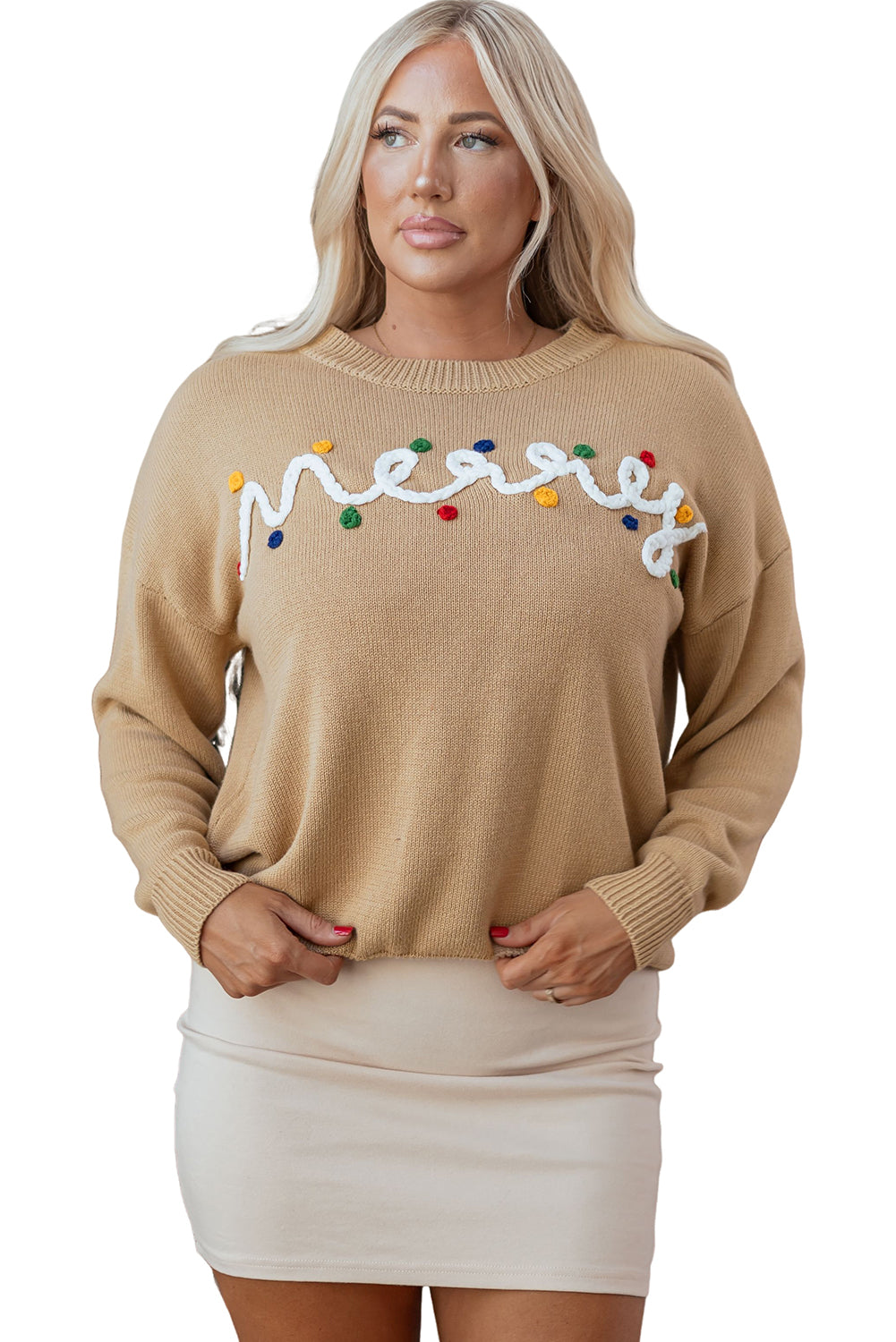 Smoke Gray Merry Colorful Dot Detail Christmas Drop Shoulder Sweater