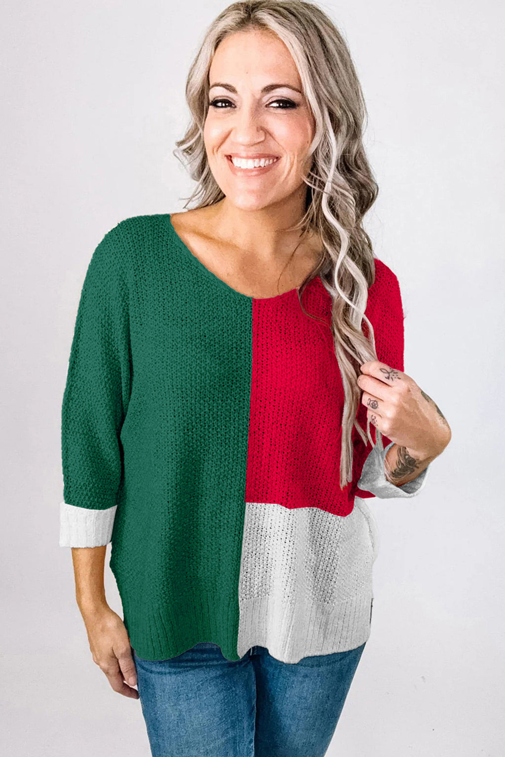 Black Color Block Knit V Neck Loose Sweater