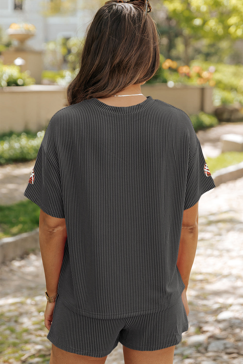 Carbon Grey Sequin Football Patched Twisted Ribbed Loose 2pcs Short Set