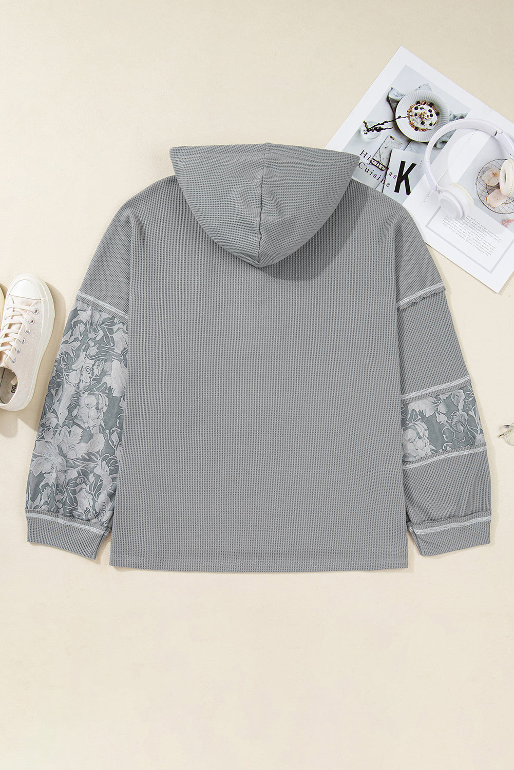 Gray Waffle Printed Patchwork Drawstring Hooded Long Sleeve Top