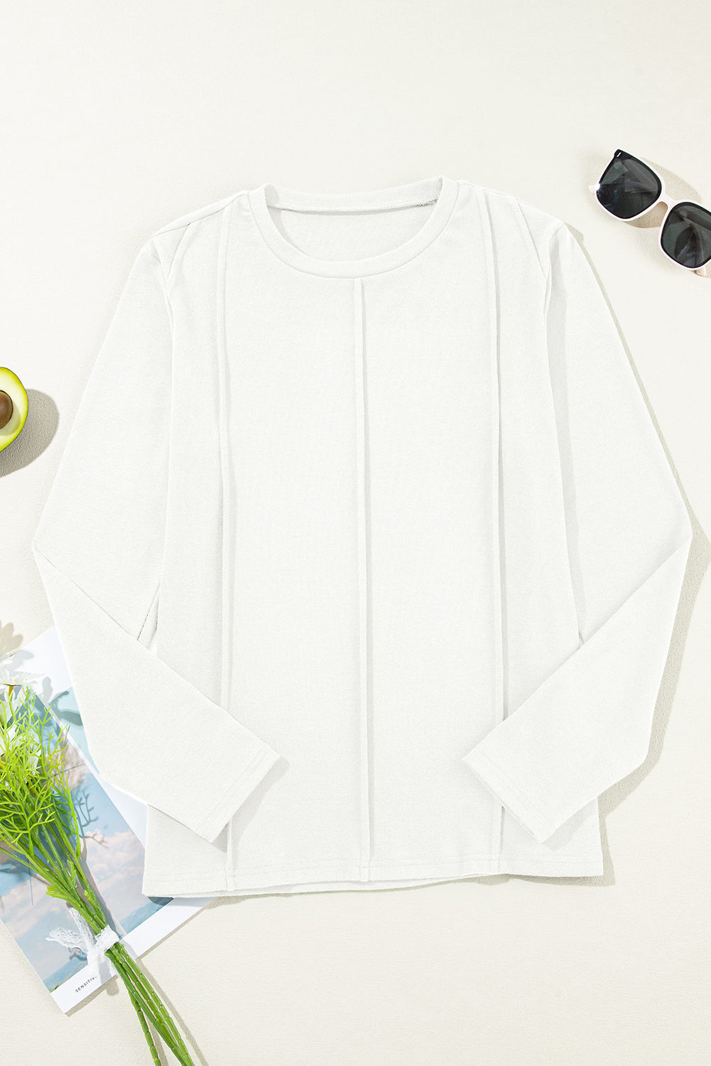 Chicory Coffee Solid Exposed Seam Crew Neck Long Sleeve Top