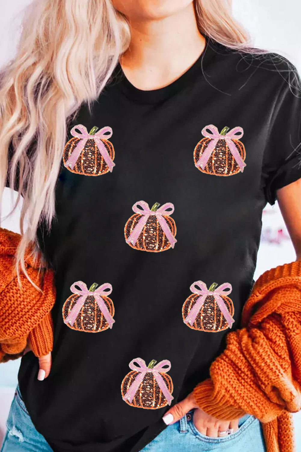 White Colorful Pumpkin Sequin Patched Drop Shoulder Sweatshirt