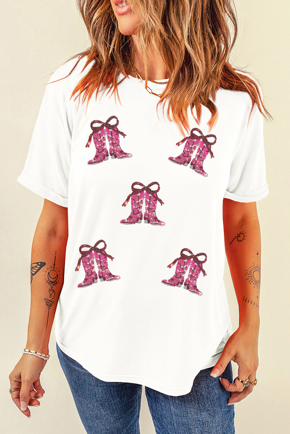 White Sequined Cowgirl Boots Patched Custom Print T Shirt