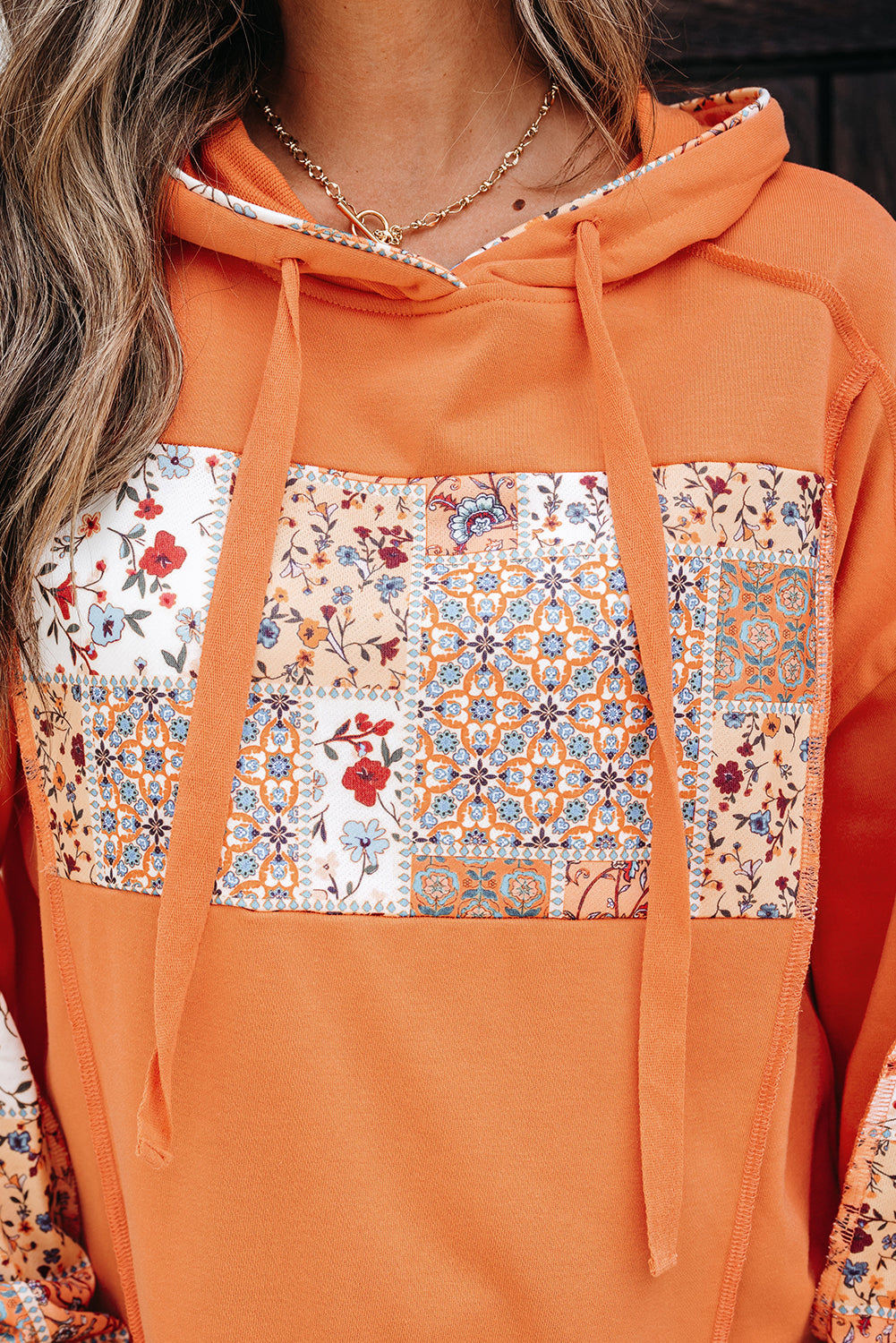 Delicacy Mix Floral Patchwork Side Slit Drawstring Hoodie