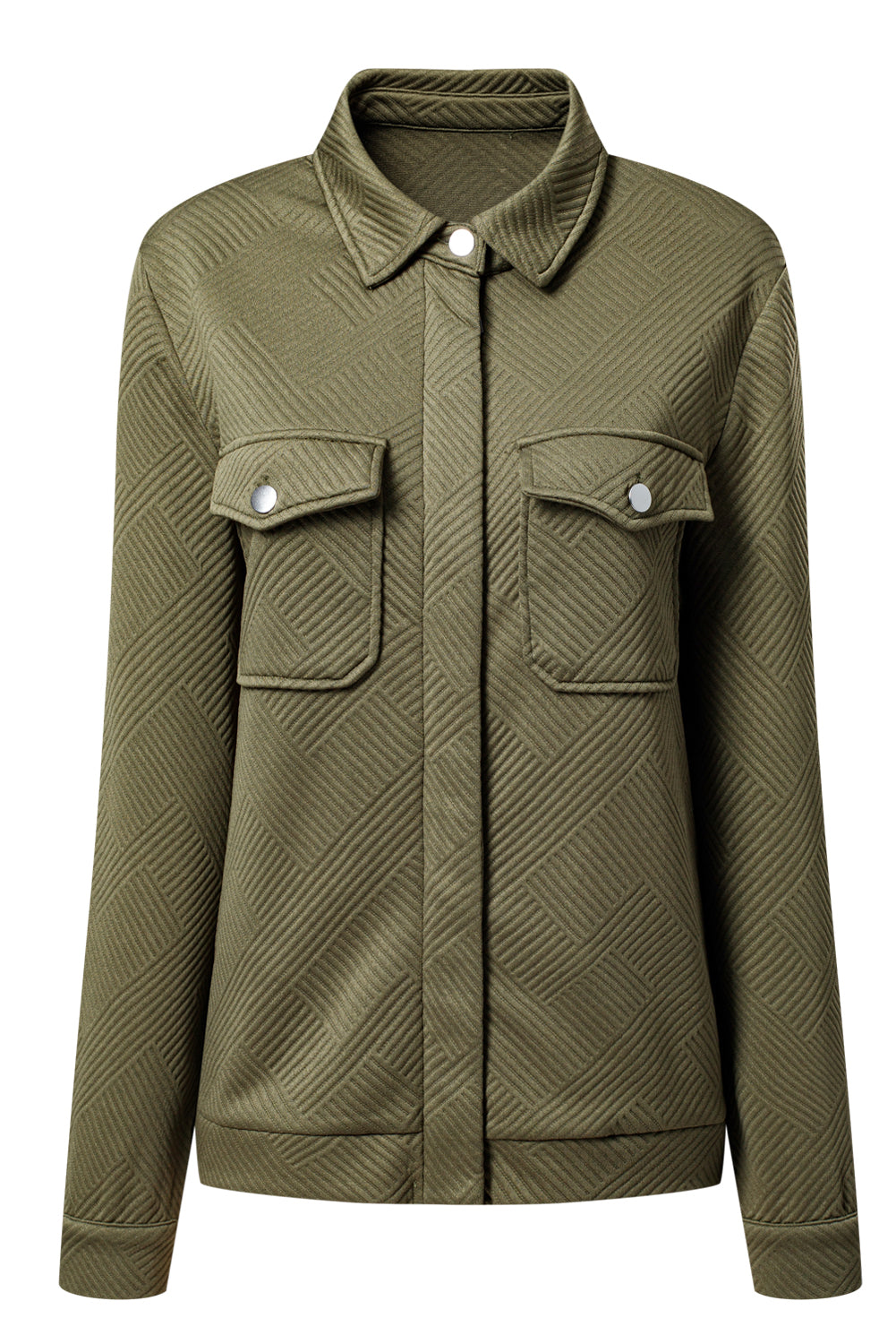 Coffee Solid Color Zip Up Button Flap Pocket Shirt Collar Jackets