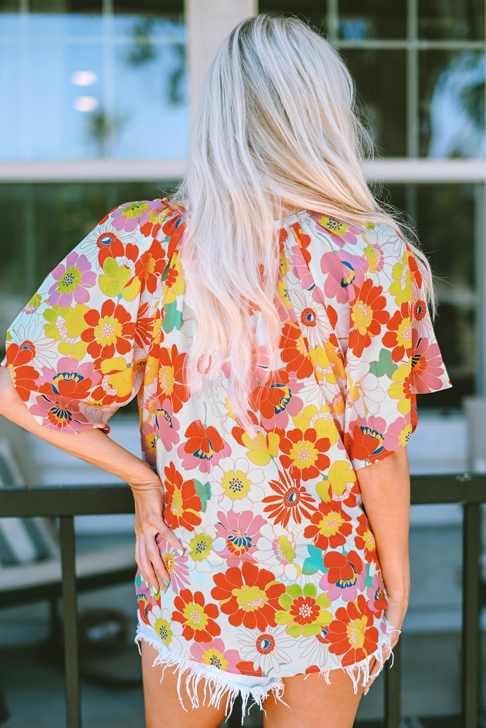 Multicolor Stand Collar Flutter Sleeves Floral Top
