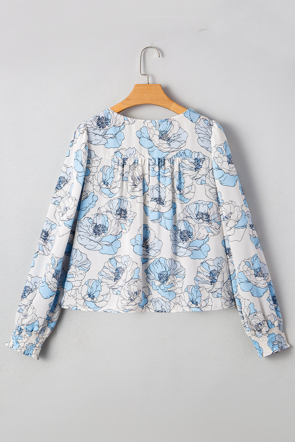 Sky Blue Floral Print Tie Neck Long Sleeve Flowy Mini Dress
