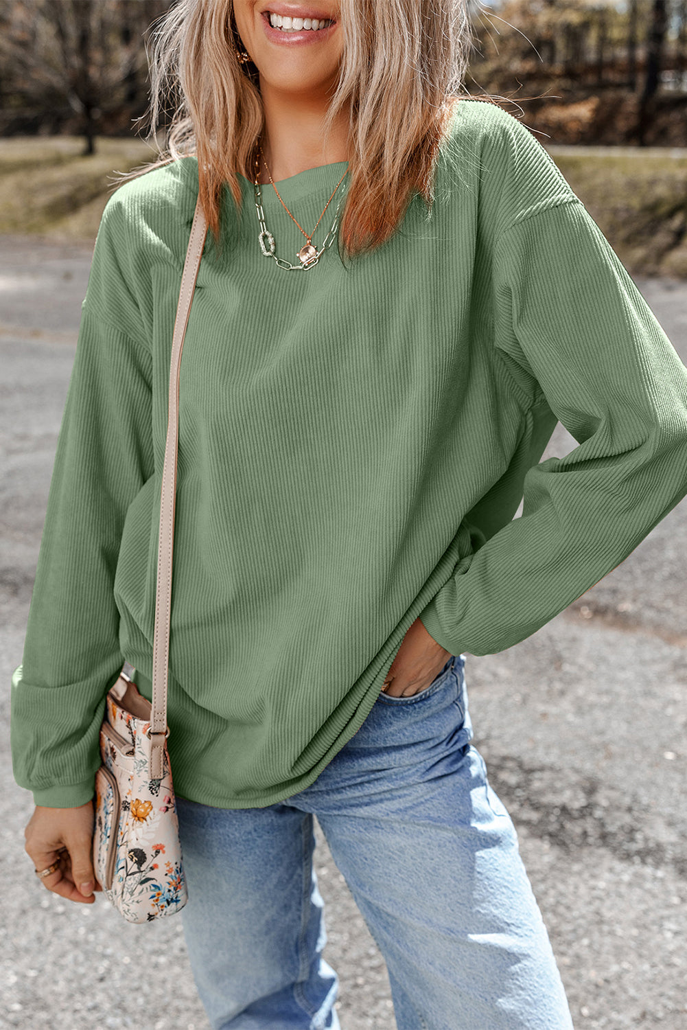Grass Green Ribbed Corded Oversized Sweatshirt