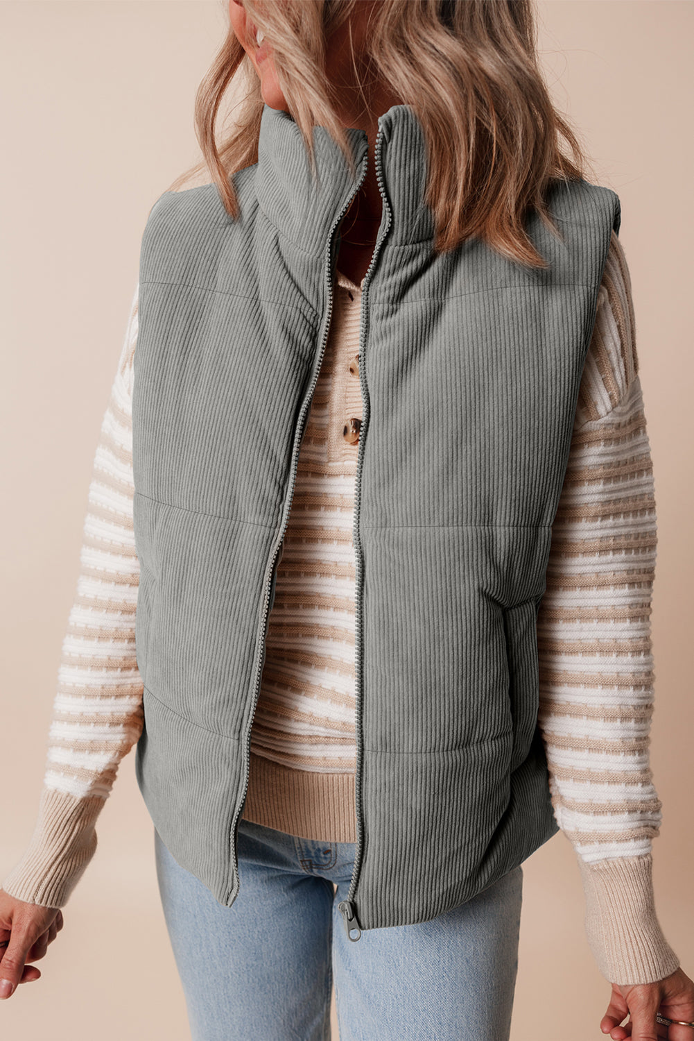 Beige Corduroy Stand Neck Zipped Puffer Vest