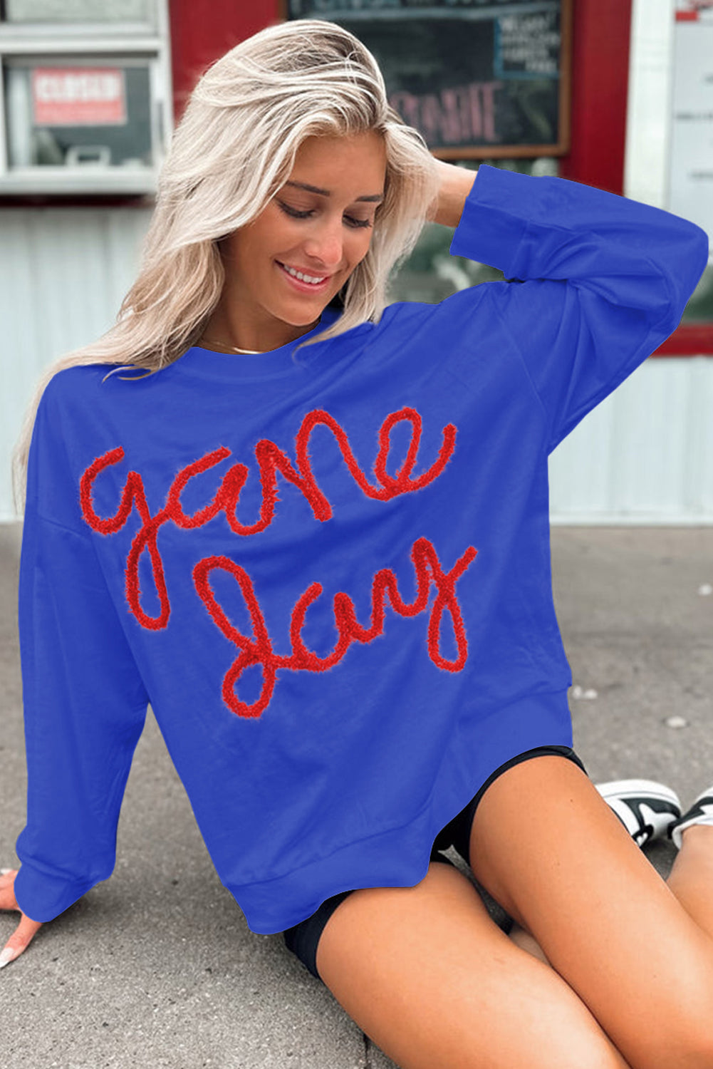 Russet Orange Tinsel Game Day Drop Shoulder Graphic Sweatshirt