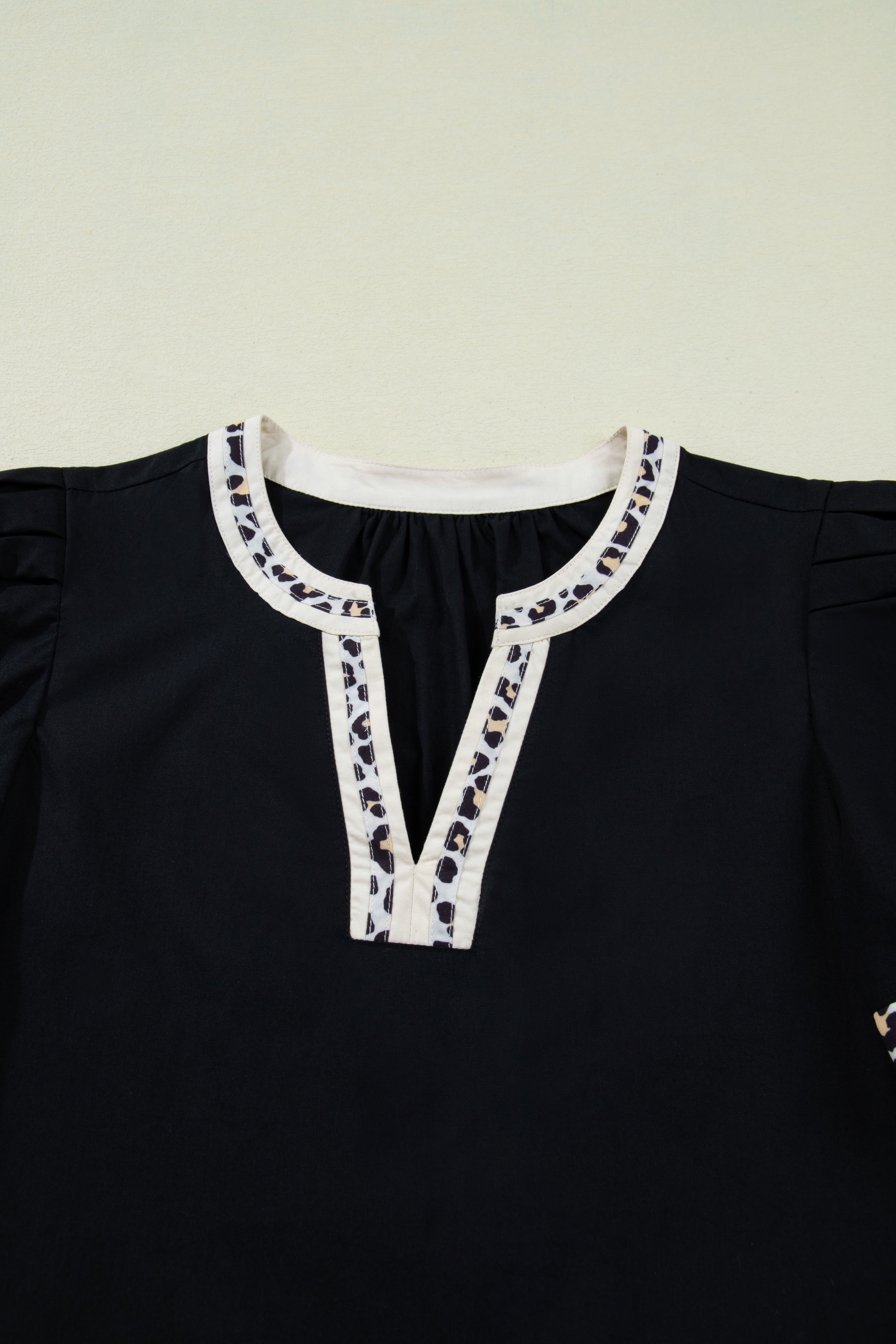 Buckskin Contrast Leopard Trim Split Neck Puff Sleeve Blouse