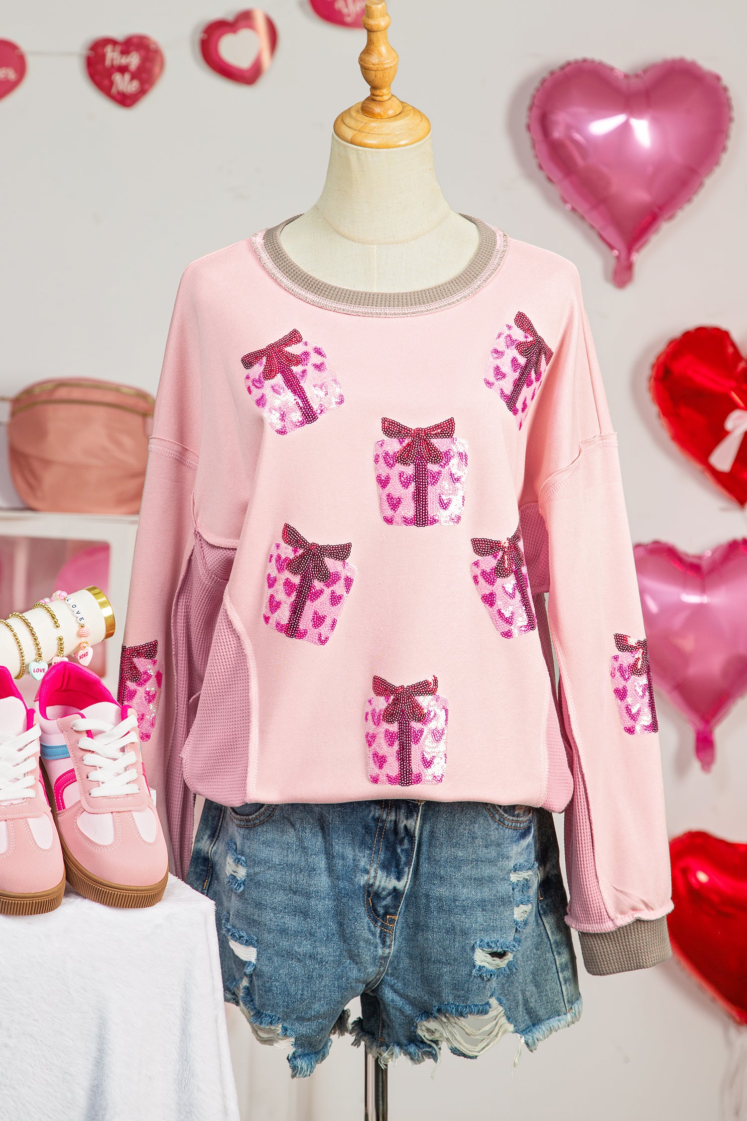 Light Pink Sequin Valentines Heart Gift Box Waffle Color Block Patchwork Sweatshirt