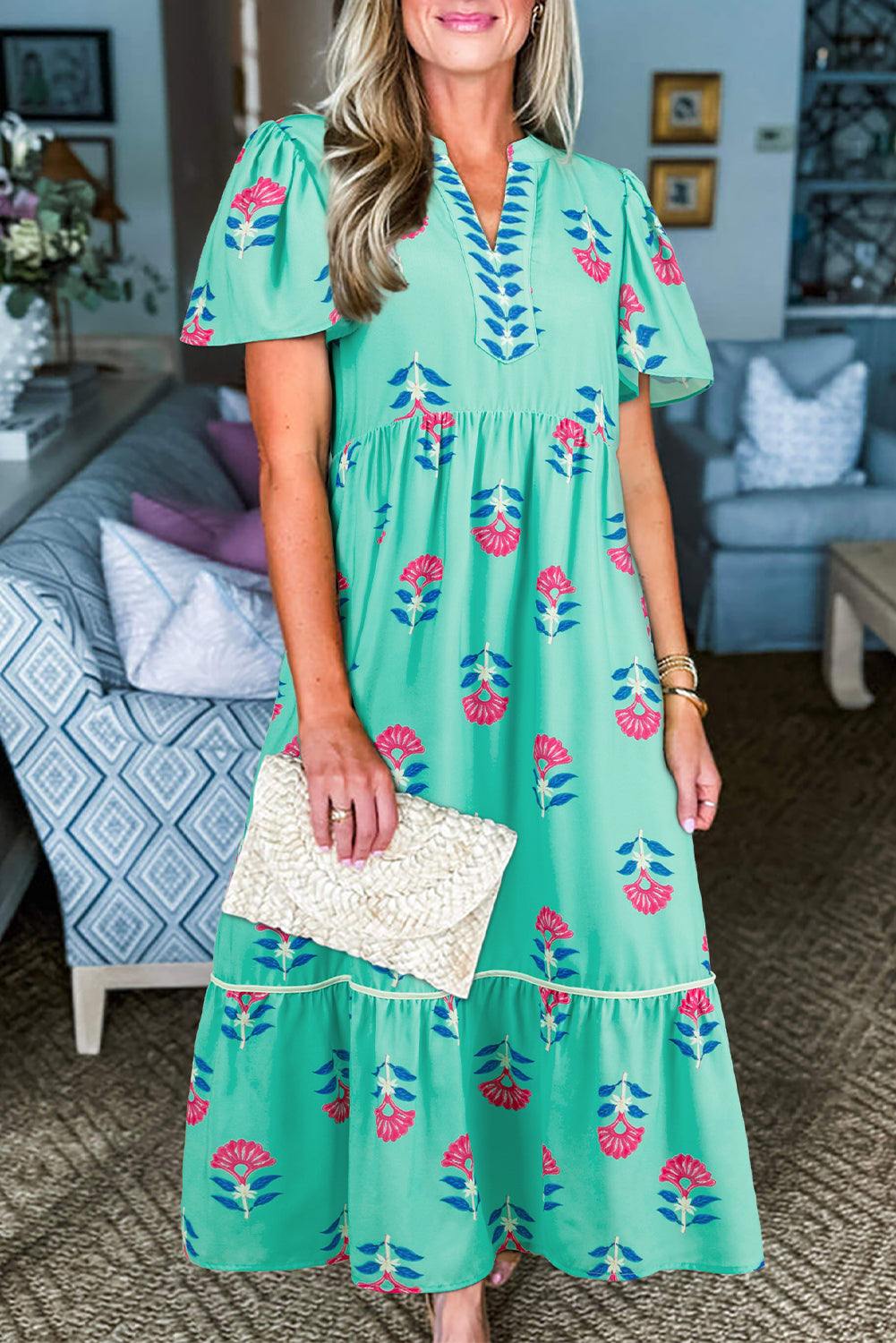 Blue Floral Print Notched Neck Butterfly Sleeve Shift Long Dress