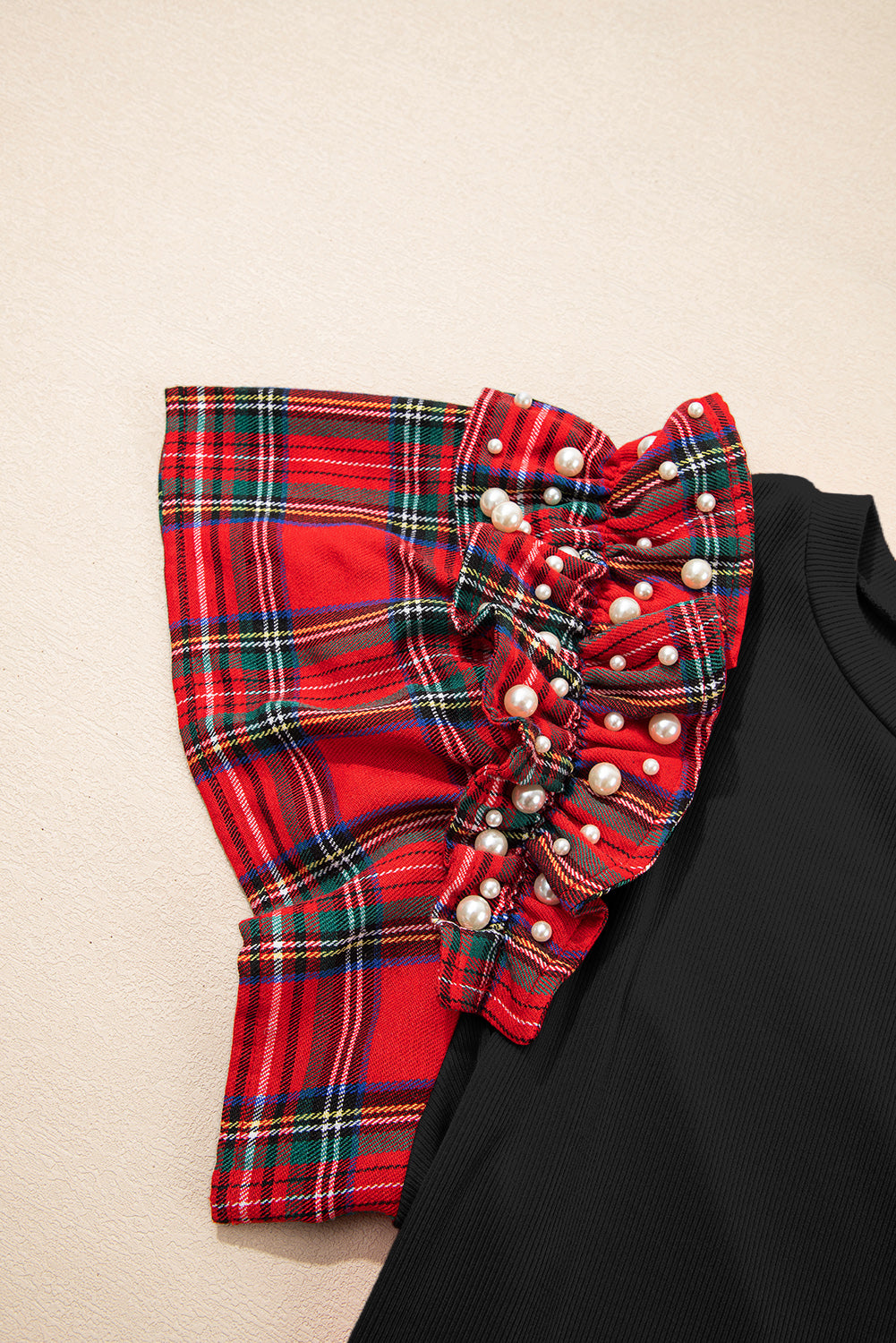 Red Festive Plaid Pearl Embellished Ruffle Short Sleeve Blouse