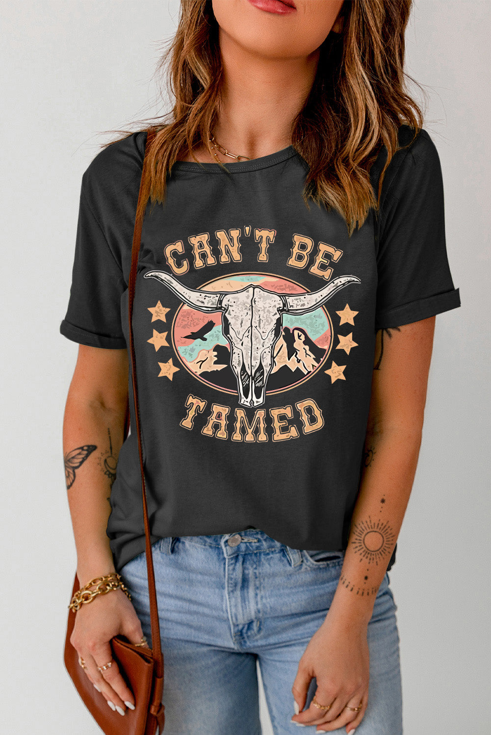 White Bull Skull American Flag Graphic Tee