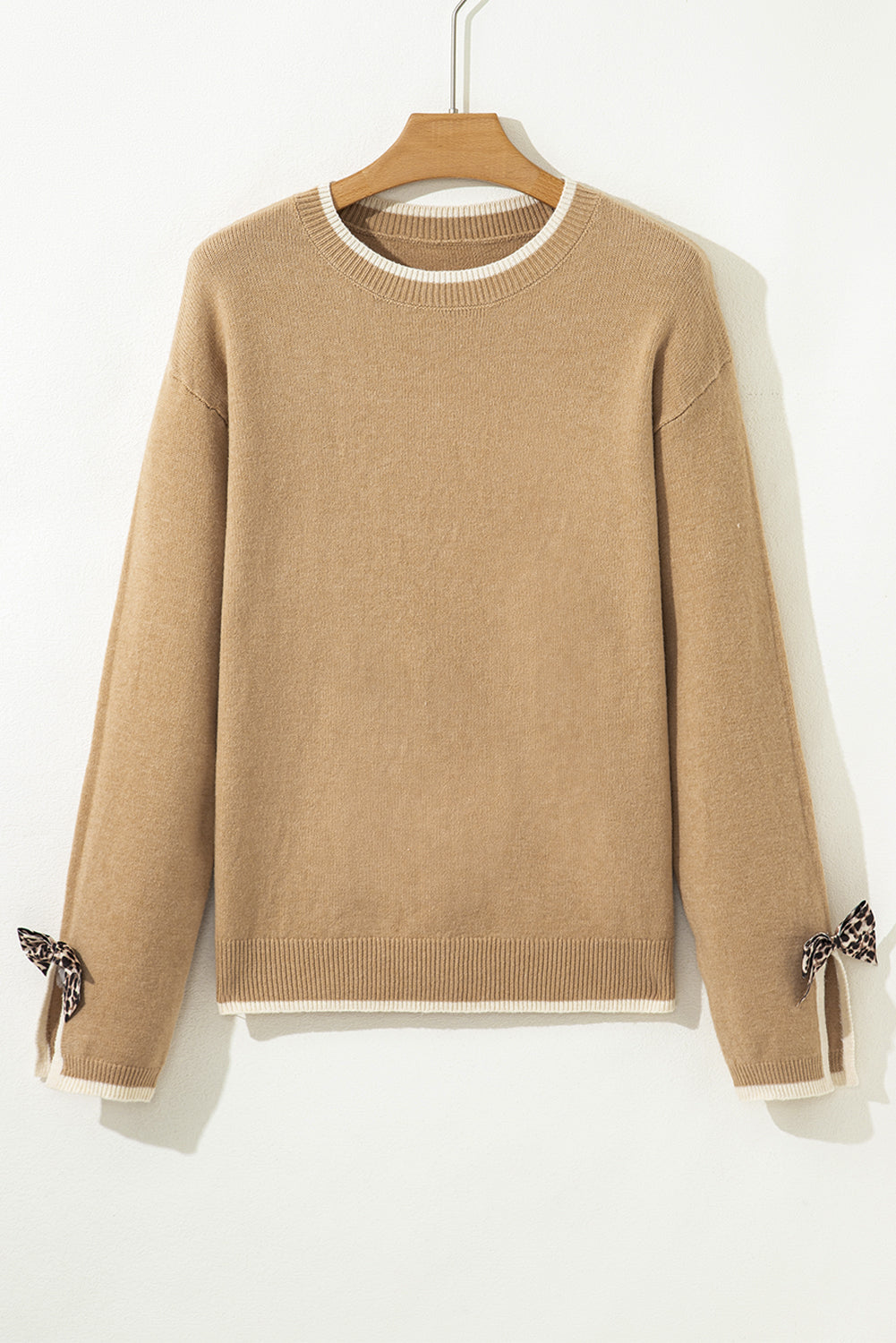 Tan Leopard Bow Decor Split Cuff Contrast Trim Sweater