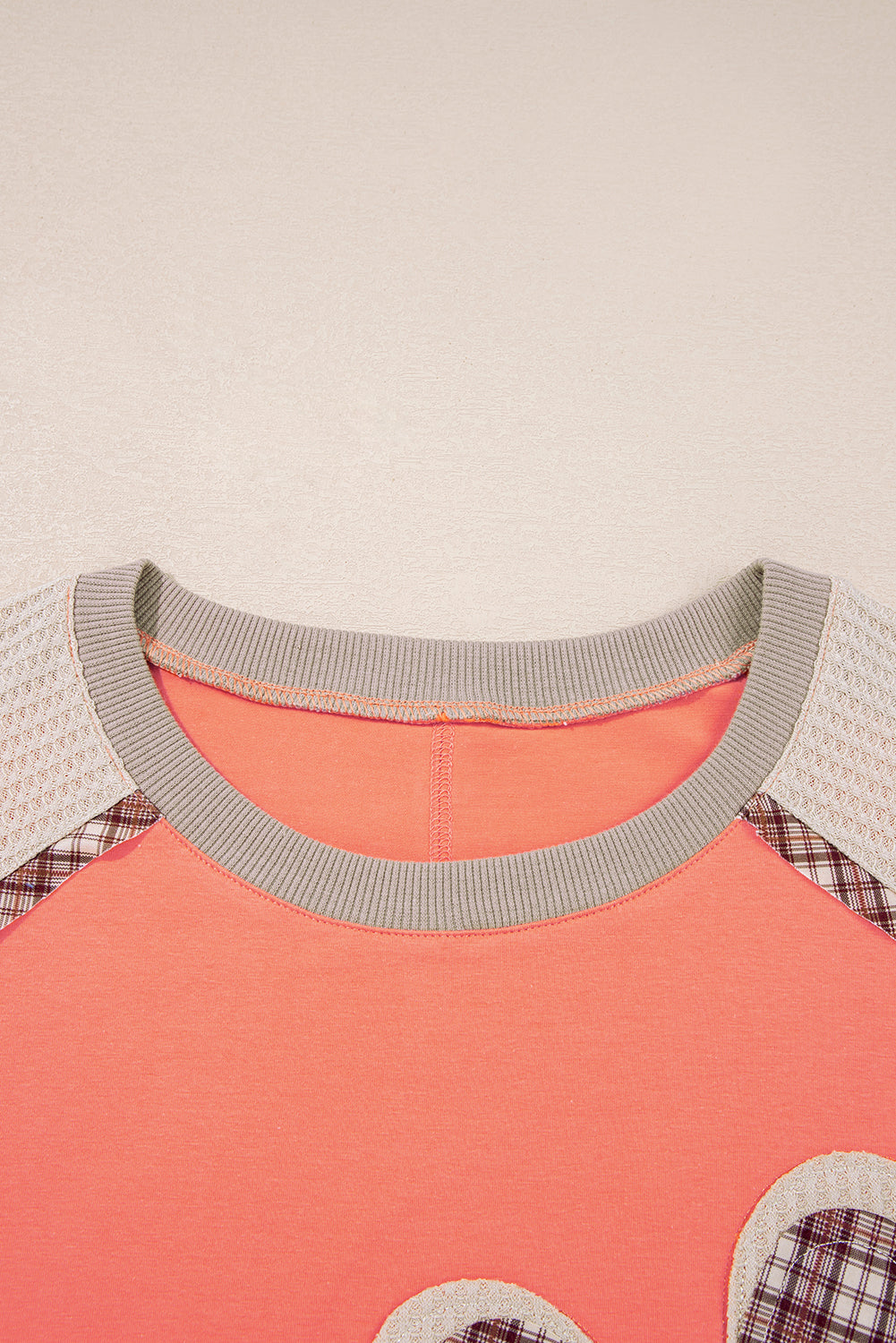 Grapefruit Orange Plaid Flower Waffle Patched Plus Size 3/4 Sleeve Top