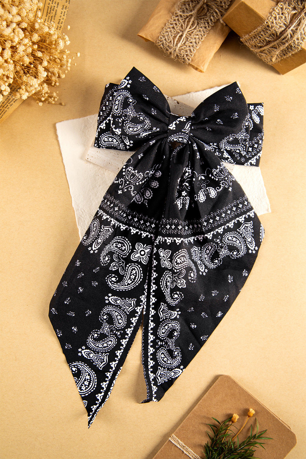 Black Boho Paisley Floral Print Silky Ribbon Bow Hair Clip