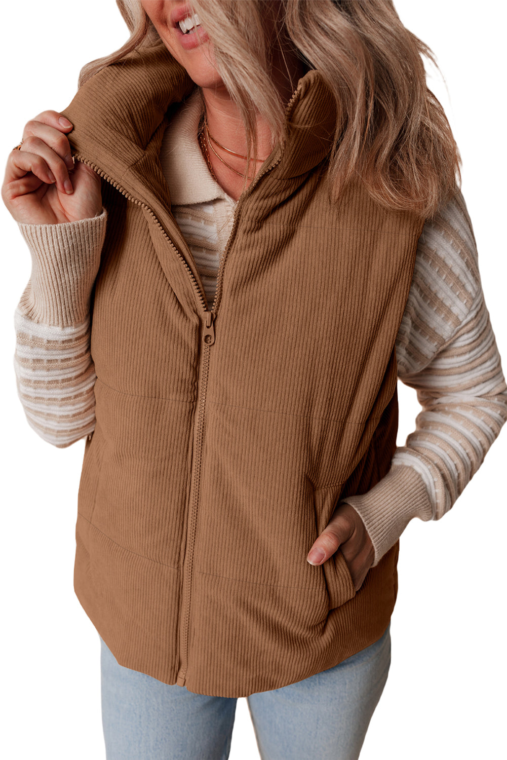 Beige Corduroy Stand Neck Zipped Puffer Vest